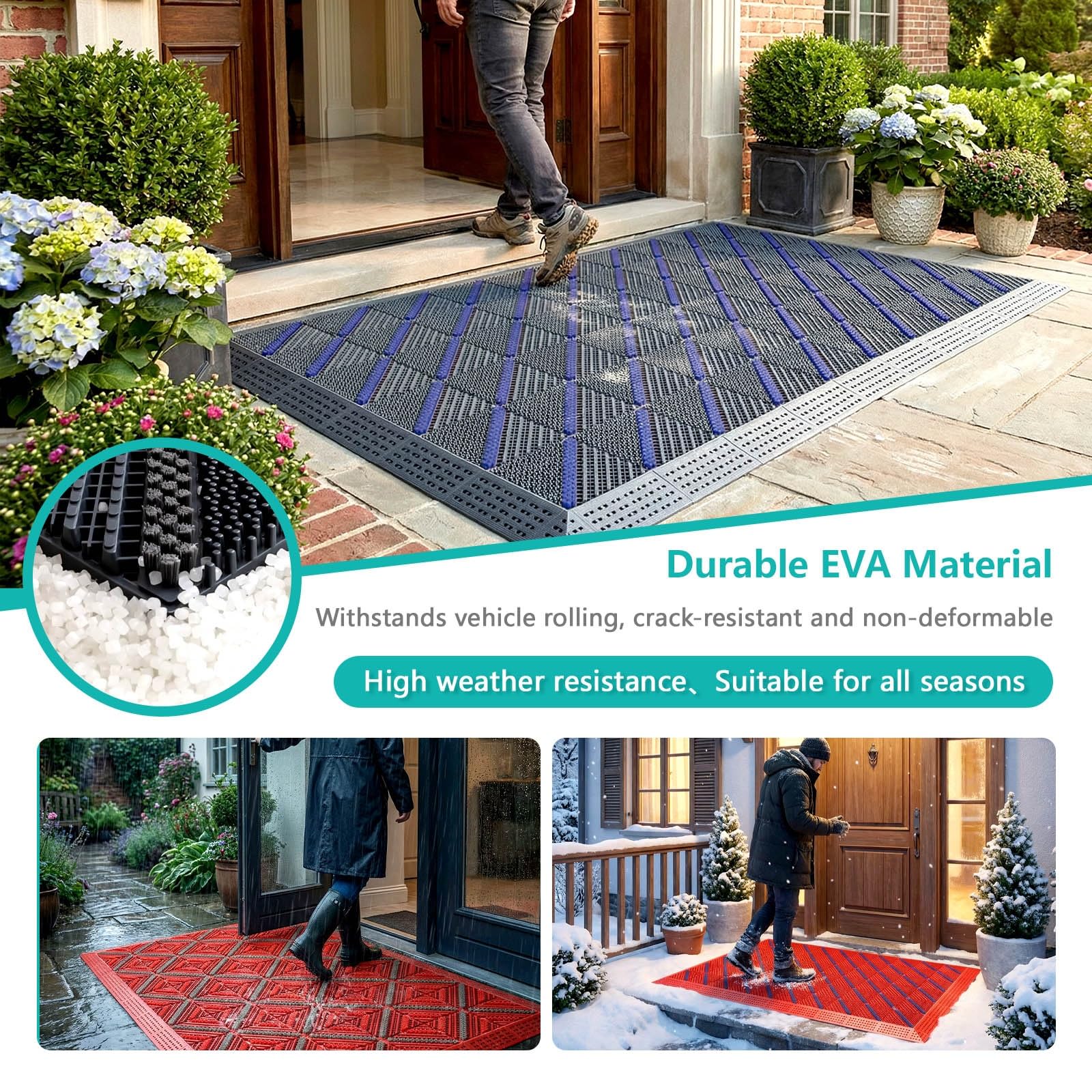 Felpudo de EVA resistente para todo tipo de clima con cepillo raspador, diseño entrelazado, impermeable, para garaje, patio, jardín, rojo y gris (60 x 90 cm, 3 cepillos)