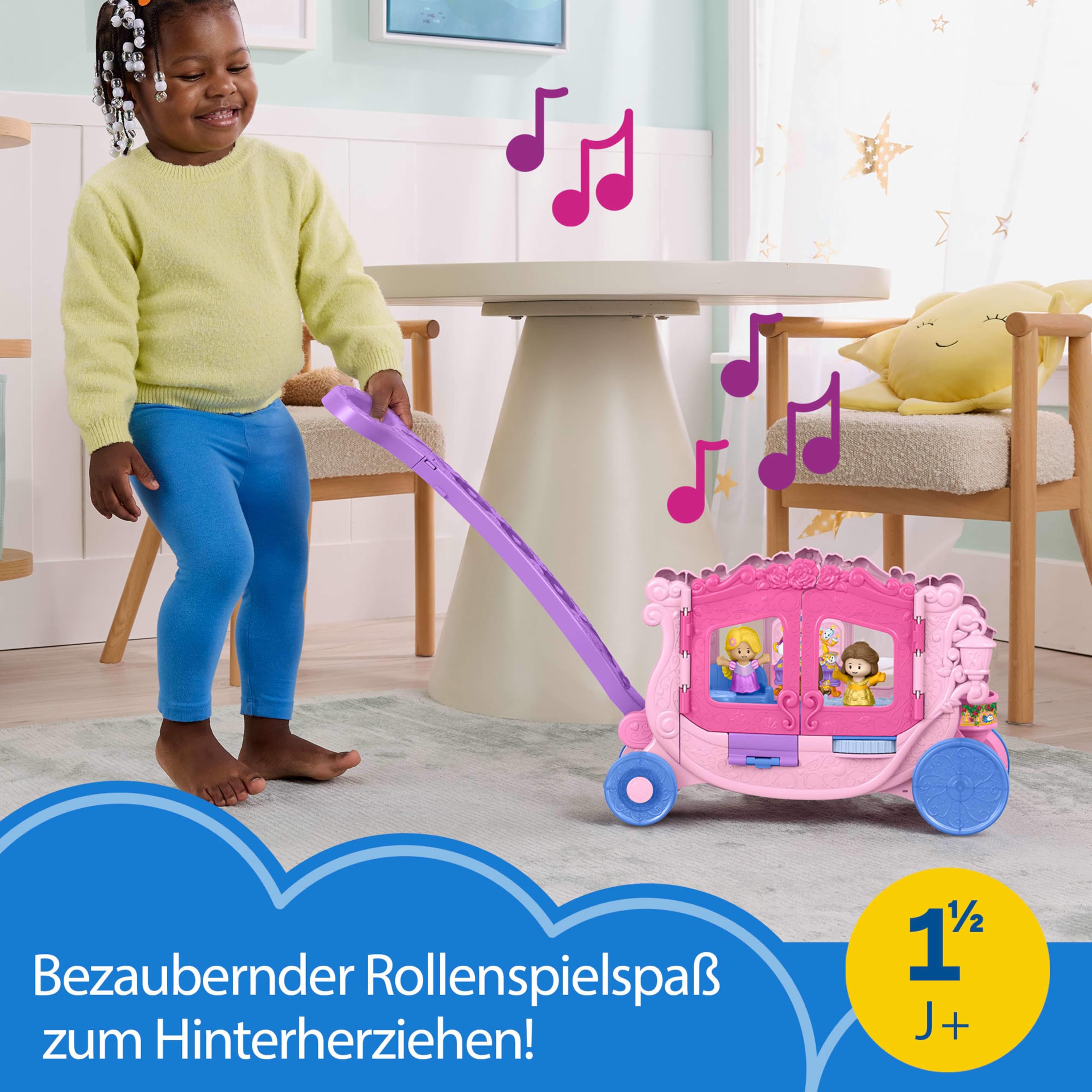 Fisher-Price Little People Kleinkindspielzeug Disney Princess Musikkutsche zum Hinterherziehen Spielset mit Spielfiguren für Rollenspiele für Kinder ab 18 Monaten ,JCW72 | Spielset mit Belle & Rapunzel Figuren, Rollenspiel, Kleinkinder & Kinder ab 18 Mona