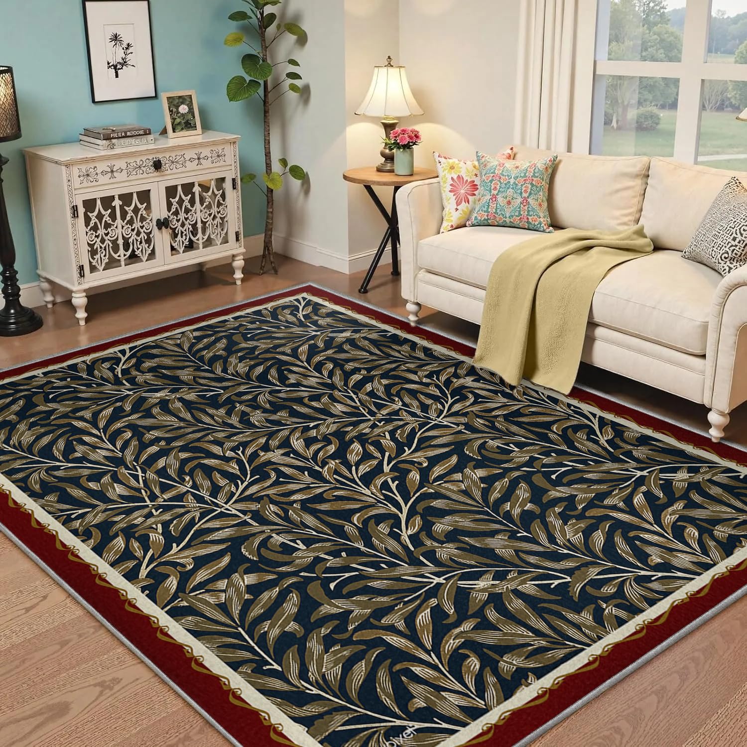 Dywany Bohemian Liść 160x200cm Dywany Salon Dywan Botaniczny Miękkie Niskie Włosy Antypoślizgowe Jadalnia Dywan Wewnętrzny Brązowy Wierzba Liście Odporne Na Plamy Gry