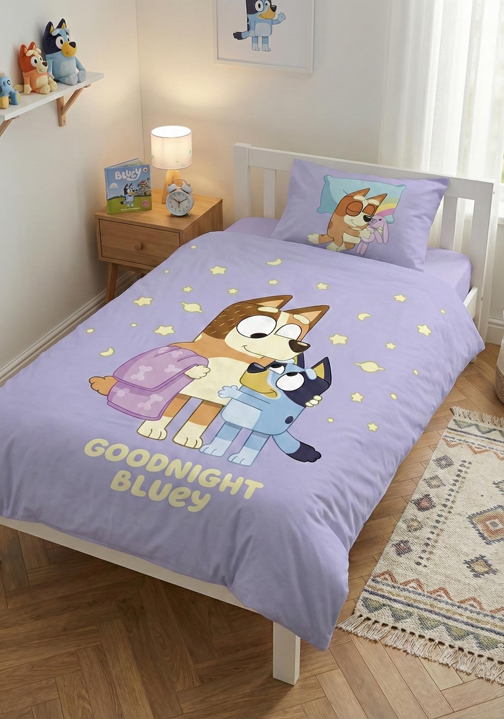 BrandMac Bluey Children's Bedding Set 100 x 135 cm – Duvet Cover and Pillowcase 40 x 60 cm – 100% Cotton – Reversible Goodnight Bluey Design with Bingo and Chilli – Ideal for Cot and Changing Bed