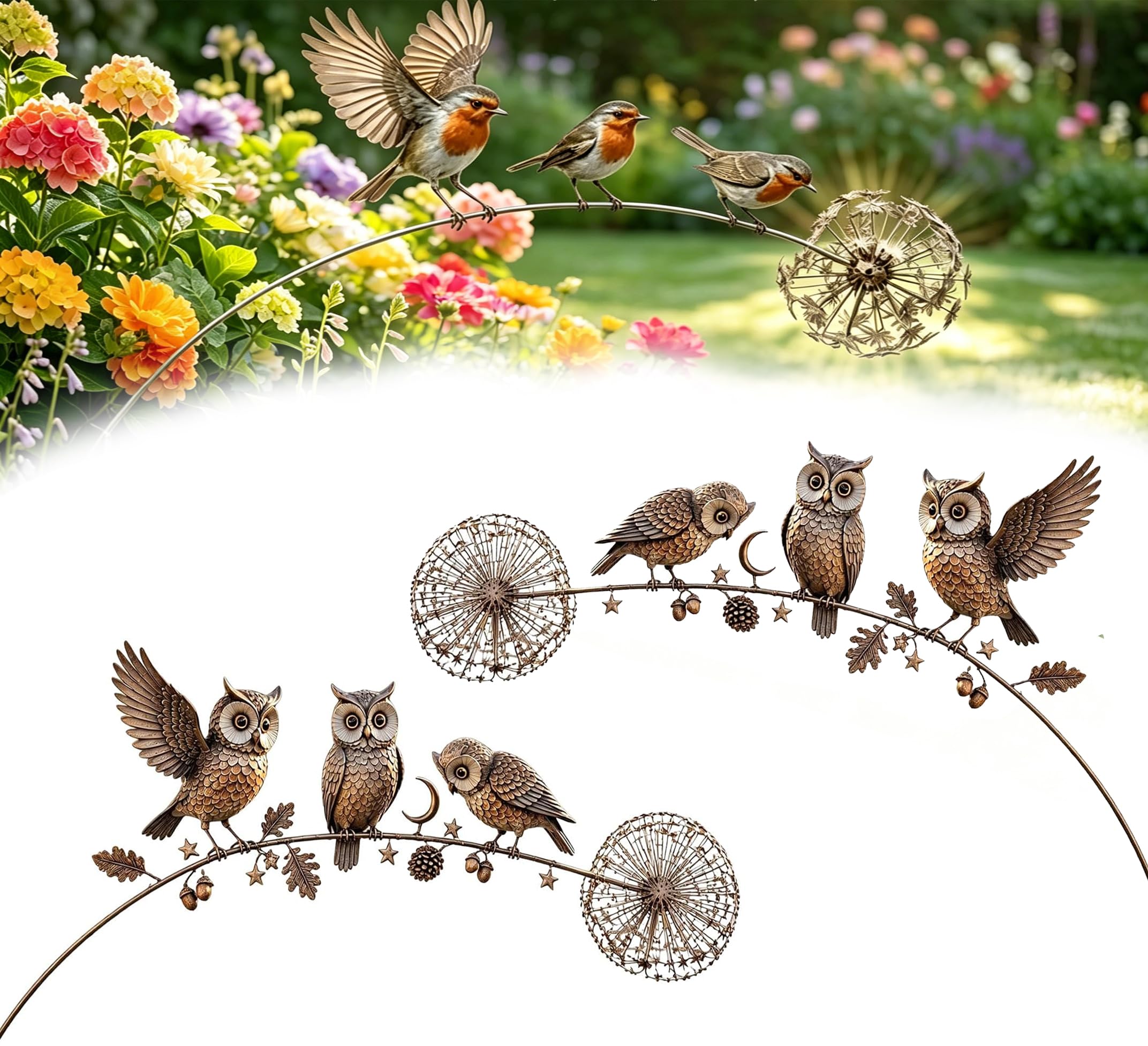 Siebkorb Robin Garden Stake Ornaments, Metal Robin Garden Stake Bird Yard Art Outdoor Decorations With Dandelion Accent,3 Robin Birds And Dandelion Design For Lawn Patio Flower Bed Walkway (B 2PCS)