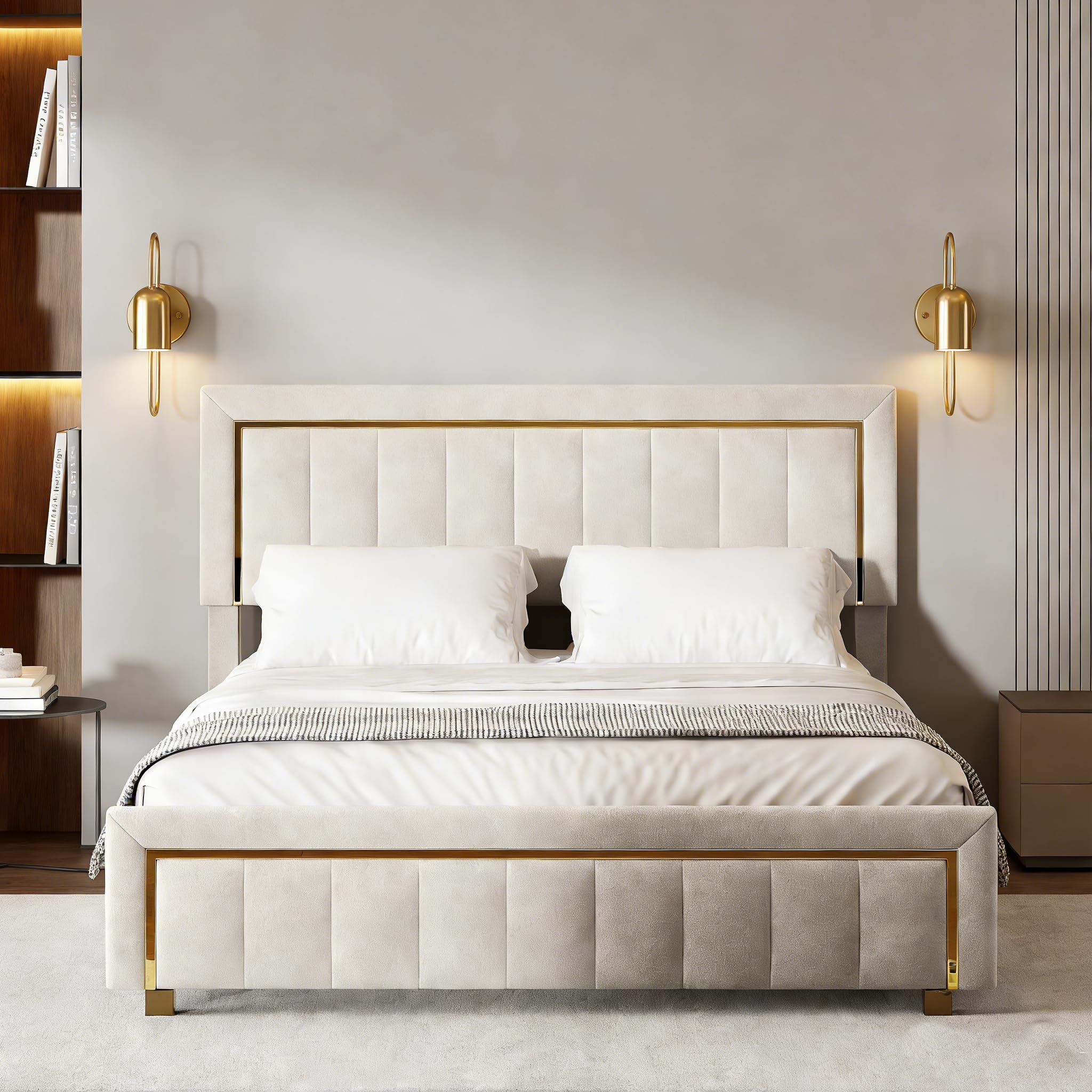 Cama tapizada de 160x200 cm, cabecero de Terciopelo Beige con Ribete Dorado, Cama de Matrimonio con canapé, Apta para Adultos y Adolescentes, colchón no Incluido