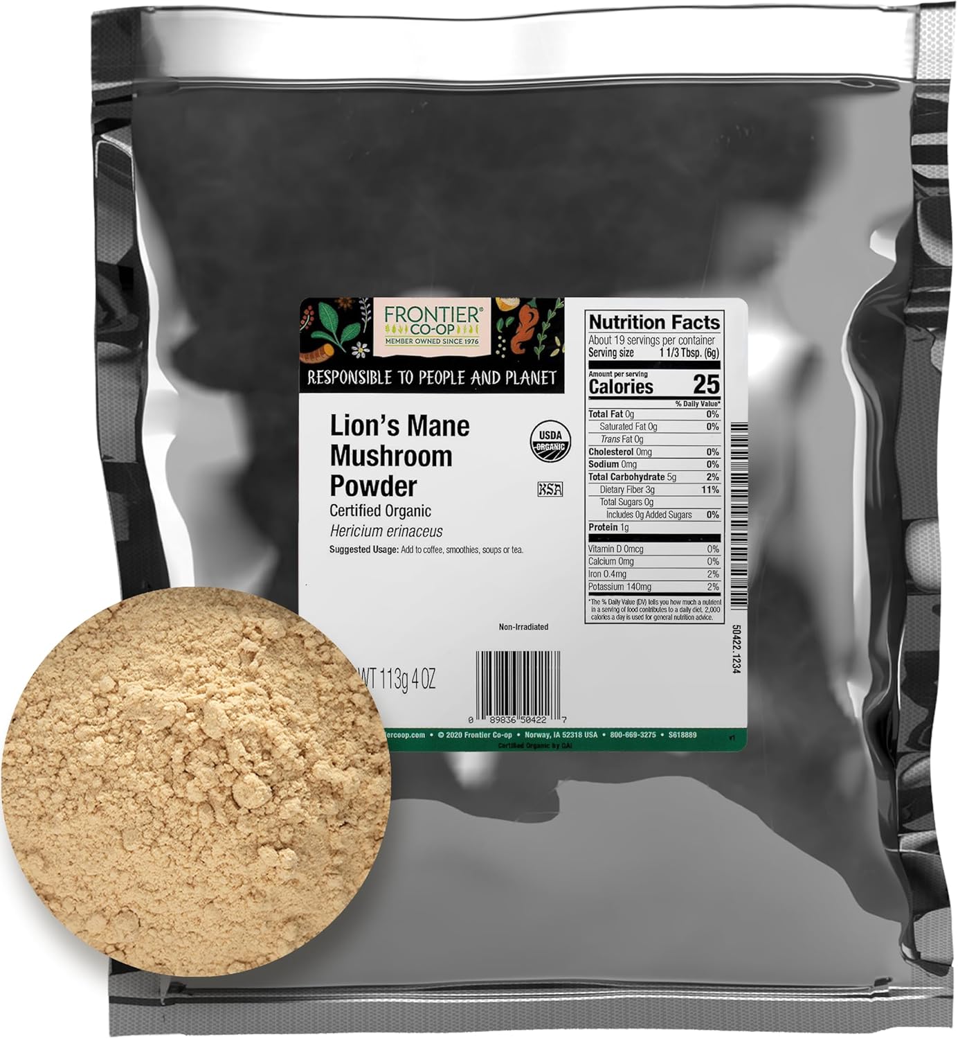 Frontier Co-op Premium Organic Lion’s Mane Mushroom Powder - Natural Adaptogenic Functional Mushroom Powder for Coffee, Tea, Smoothies | 4 Ounce (Pack of 1)