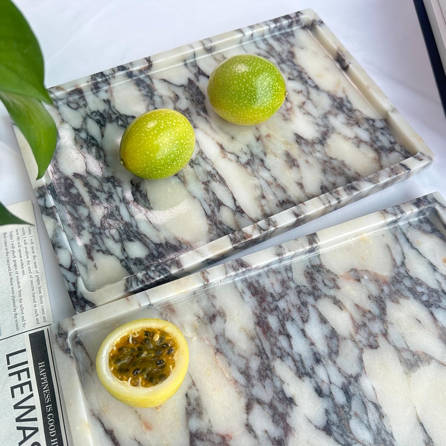 Real Natural Marble Tray Genuine Calcutta Viola Marble Stone Tray for Bathroom/Kitchen Counter (Calacatta Viola, 12" x 8")