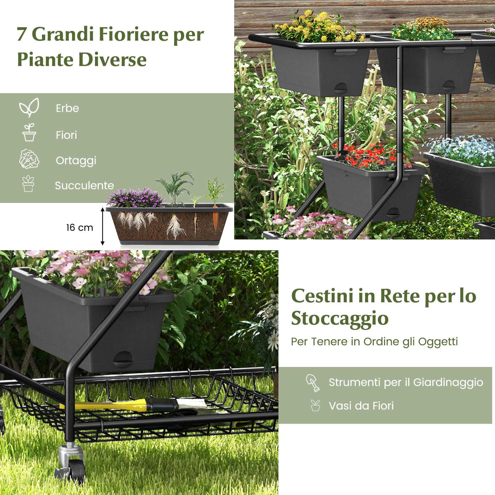 RELAX4LIFE Fioriera da Esterno, Scaffale Porta Piante con 7 Scatole, Fori di Drenaggio e Cesti di Stoccaggio, Supporto per Piante con Ruote Bloccabili per Balcone e Giardino