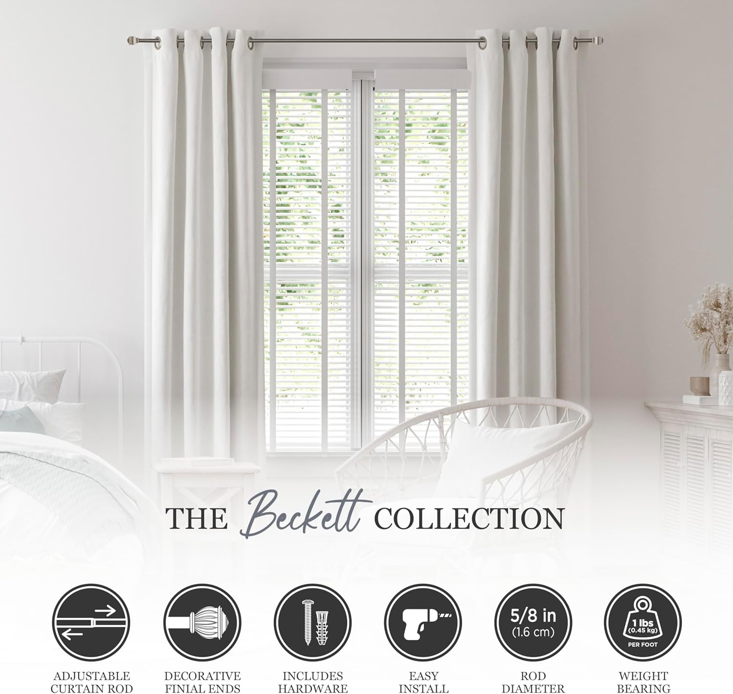 Kenney KN71674 Beckett Soft Square End Standard Decorative Window Curtain Rod, 48-86" Adjustable Length, Pewter Finish, 5/8" Diameter Steel Tube, 48"L x 86"W, 1-Pack