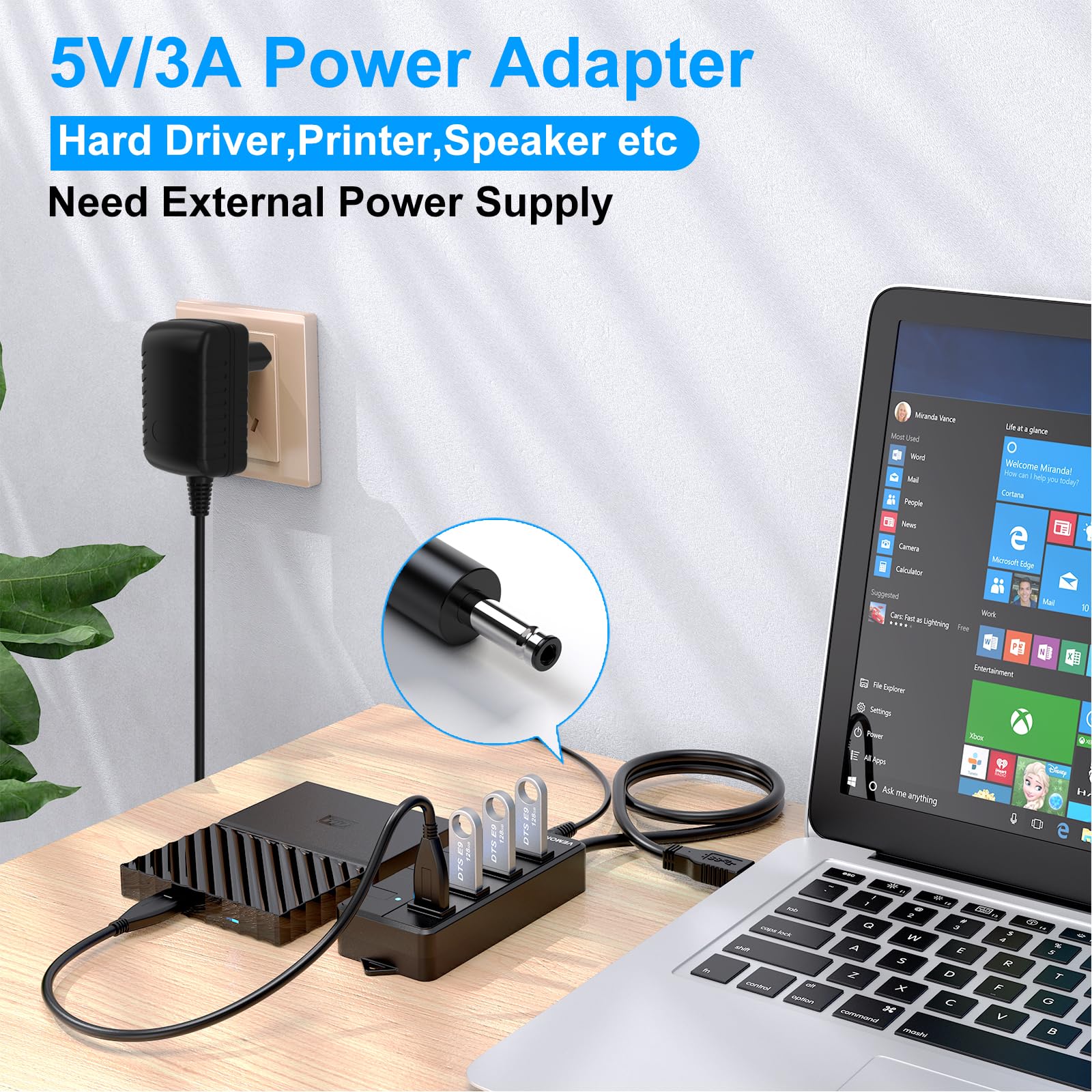 Hub USB 3.0 Alimentado,VEMONT 4 Puertos USB Hub Alimentación Externa con Ataptador 5V/3A,SuperSpeed Multi USB con Botón Encender/Apagar y Cable Largo 1,2m Compatible con Mac iOS,Windows,Android,Linux