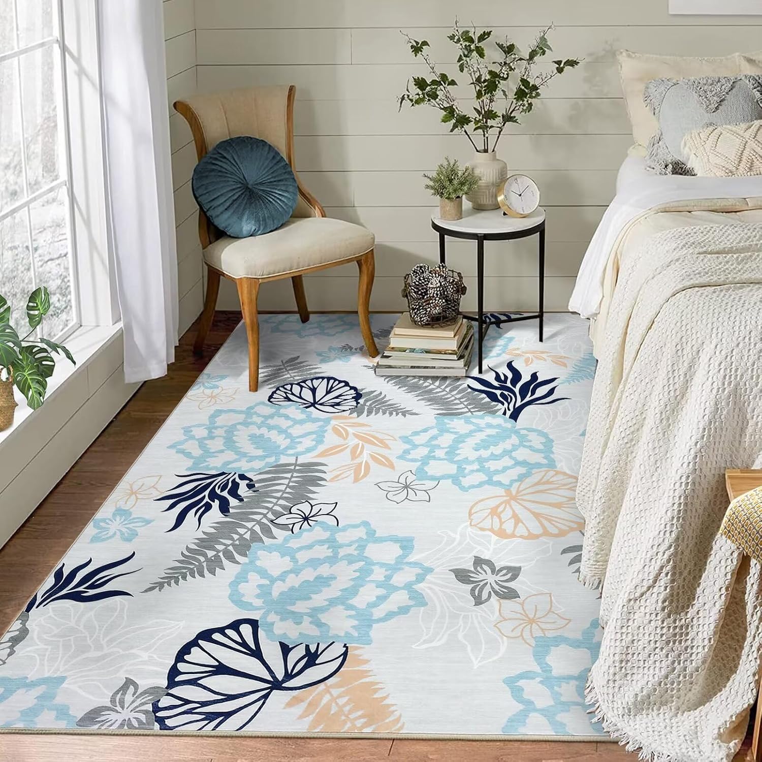 WESTLOOM Large Area Rug 8x10 Floral Rug Washable Rug Modern Farmhouse Living Room Rug Non Shedding Easy Cleaning Indoor Carpet Non Slip Accent Distressed Throw Rug, Light Grey/Blue