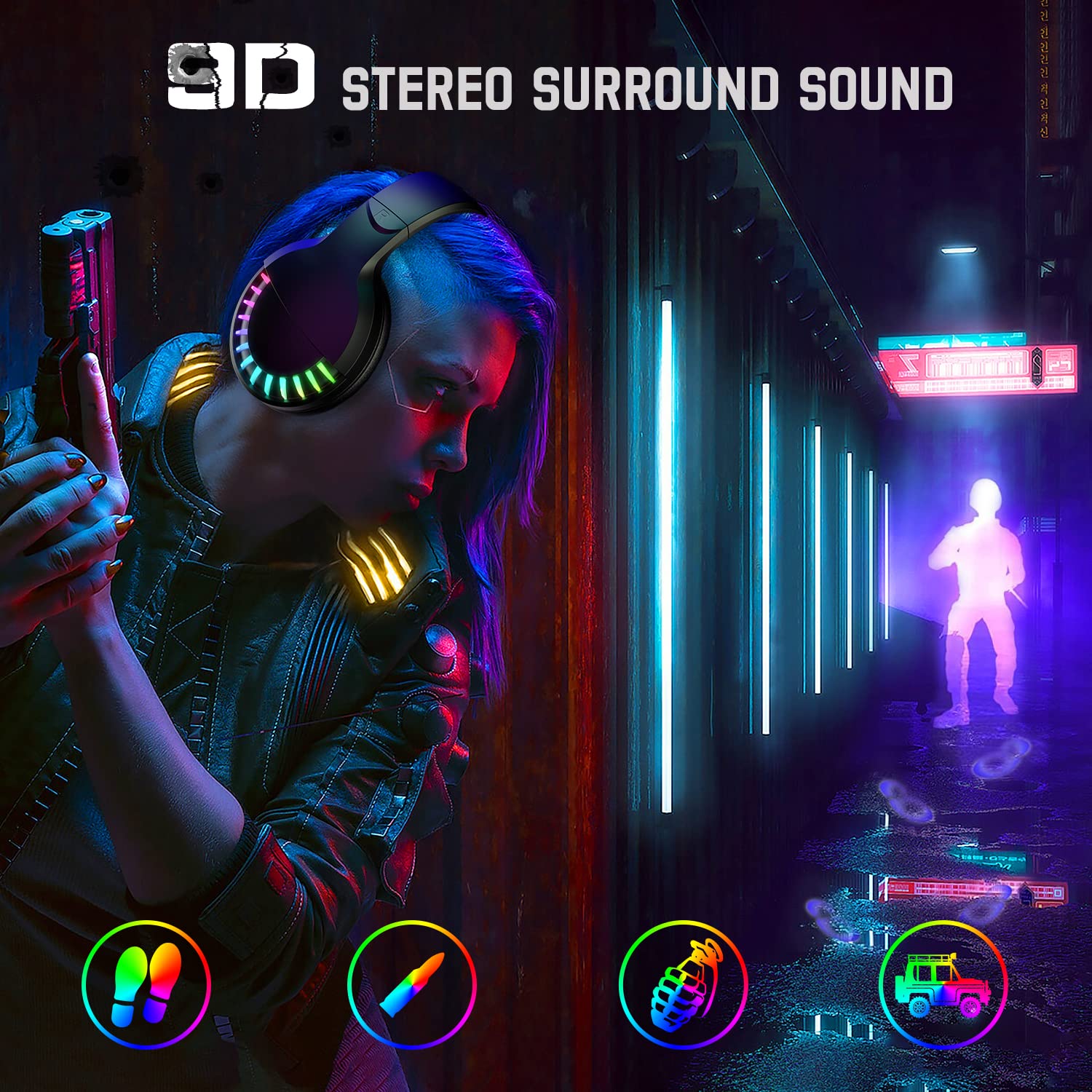 Drahtloses Bluetooth-Headset über dem Ohr, HiFi-Stereo-5.1-Kanal, RGB-LED-Pferderennen mit Hintergrundbeleuchtung, wiederaufladbares leichtes Gaming-Headset mit 1000 mAh und Mikrofon für PC / iPad