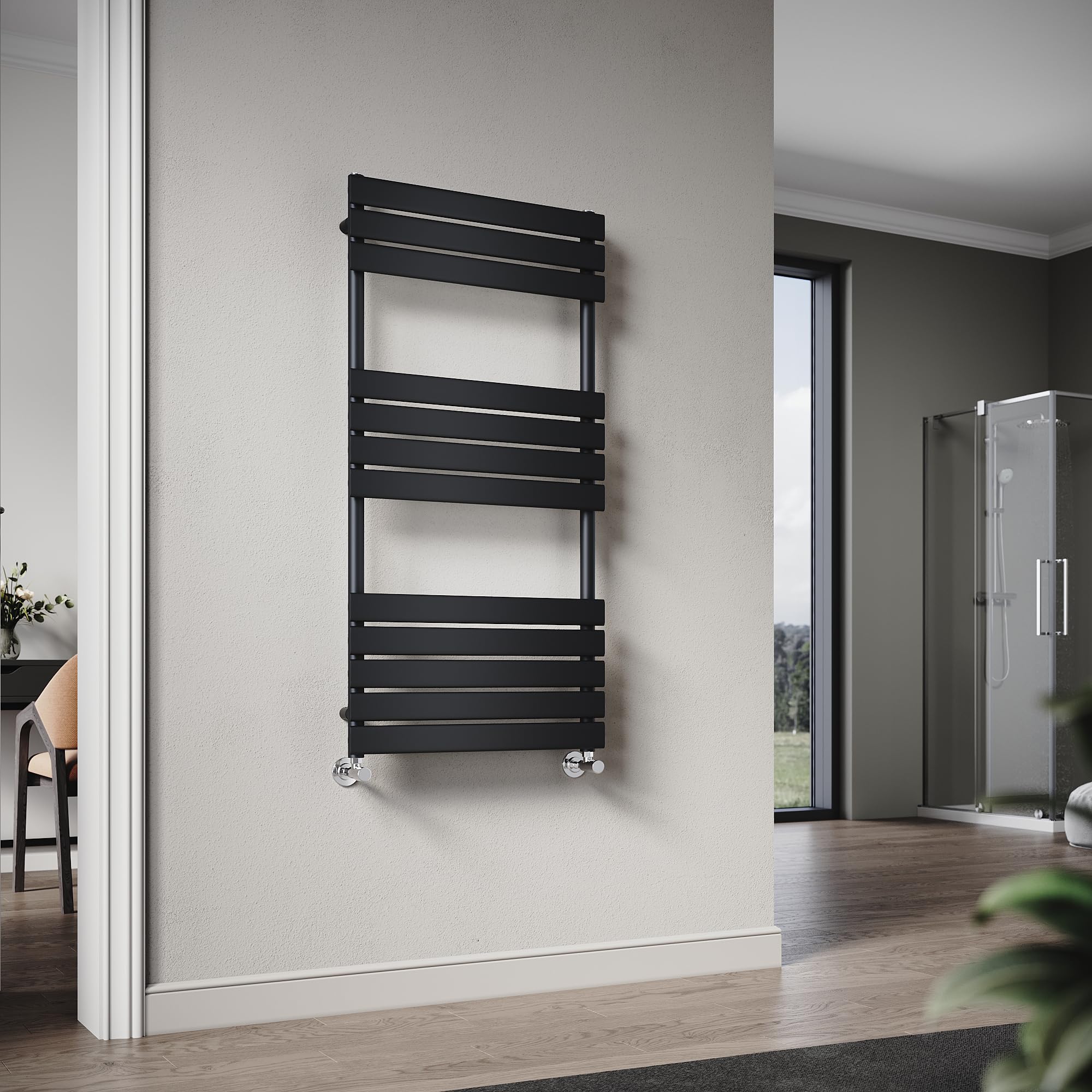 ELEGANT Flat Panel Heated Towel Rail Black Bathroom Wall Mounted Ladder Radiator 1200 x 600 mm Modern Central Heating Towel Warmer — image 1