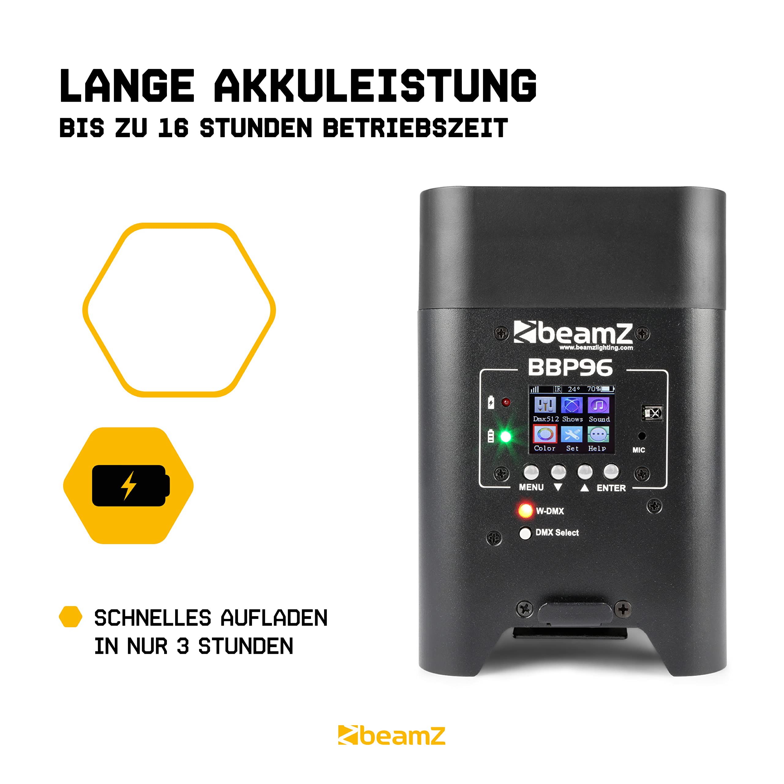 BeamZ BBP96 Akku LED Strahler Uplight 4er Set mit Tasche, IP20, Par LED Spot mit Wireless DMX, Bühnenbeleuchtung Set, Discolicht, Lichteffekte, Fernbedienung, Soundmodus, In- und Outdoor