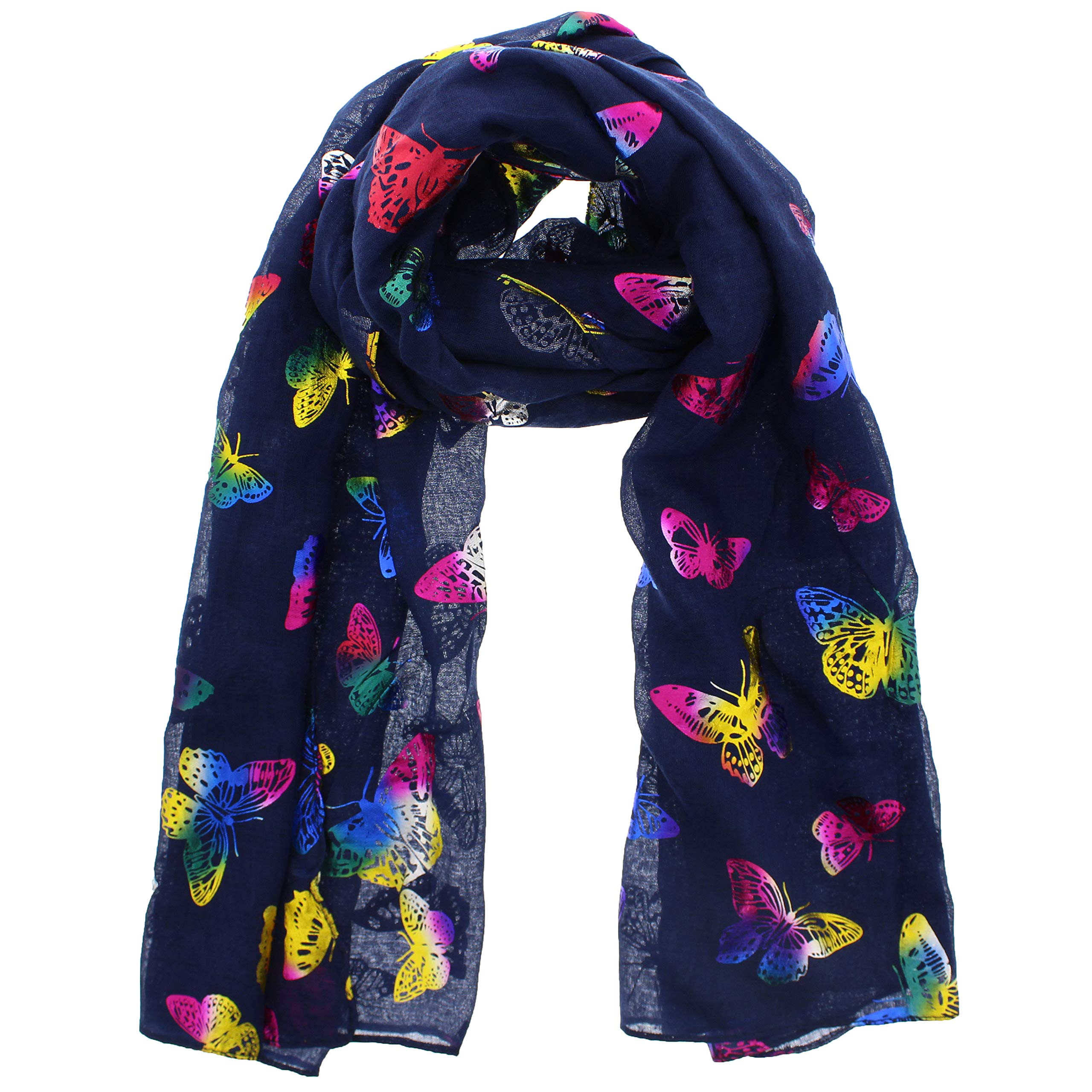 Zac's Alter Ego Women's Navy Blue Scarf With Rainbow Foil Metallic Glitter Butterfly Print