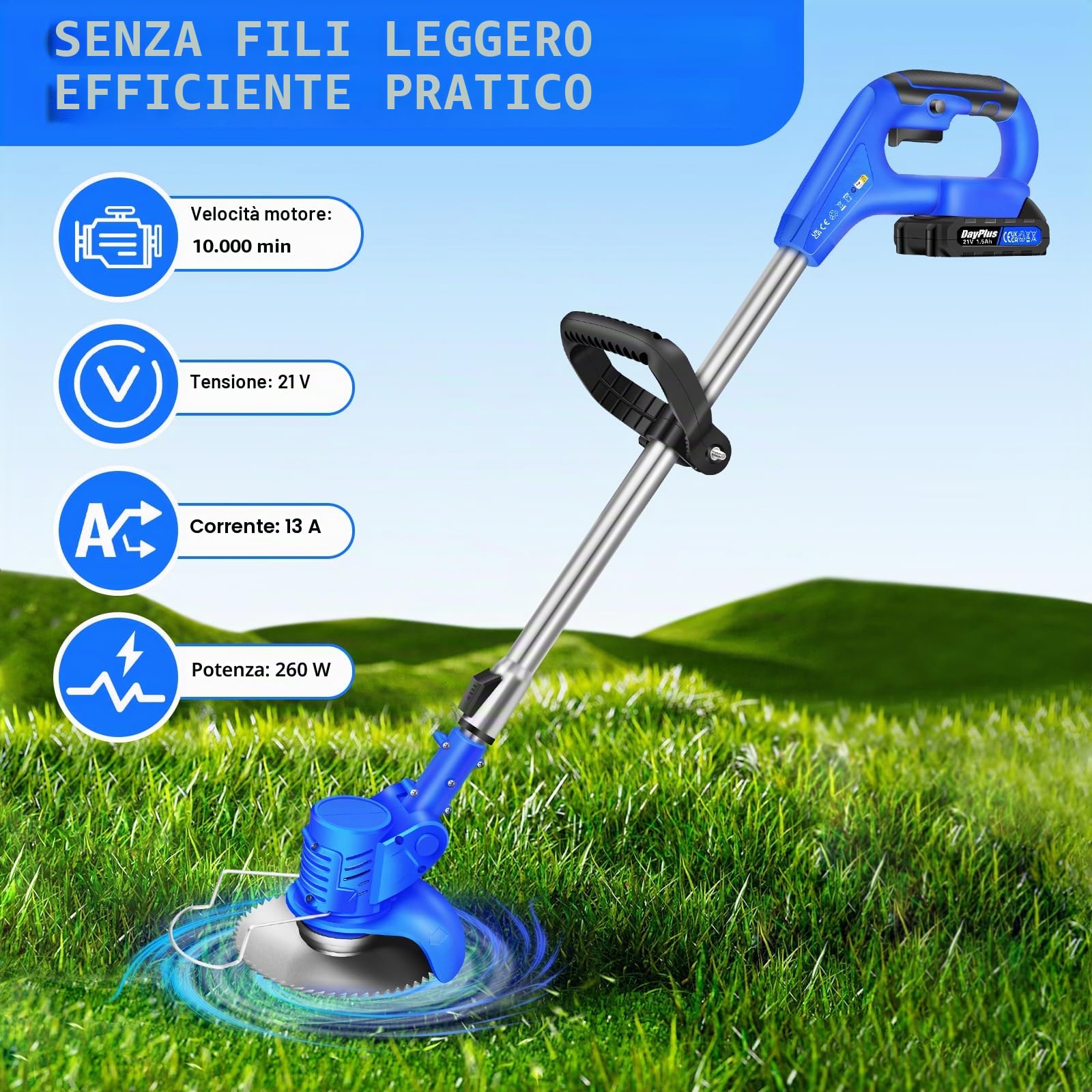 Decespugliatore a batteria, decespugliatore elettrico con batteria e caricabatterie, impugnatura regolabile, tubo telescopico, testina girevole a 90°, 10 lame, adatto per giardini, prati e arbusti