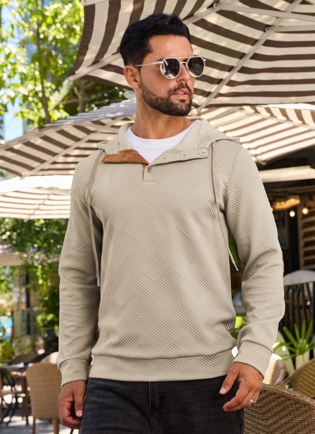 Mens Fashion Pullover Hoodies Long Sleeve Thermal Drawstring Button Texture Hooded Sweatshirt - Image 2