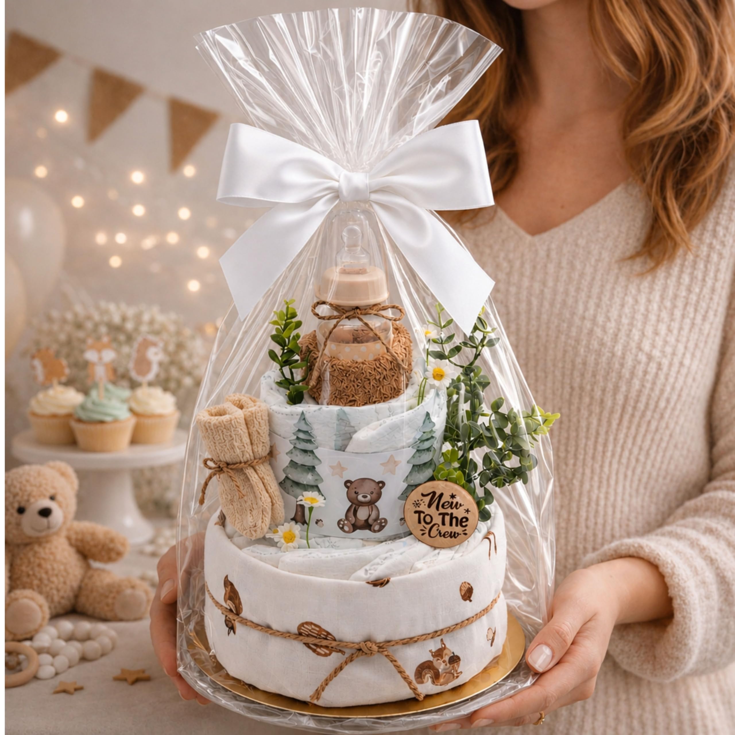 Windeltorte Baby Wald mit Musselintuch, Baby Teeflasche, Spucktuch, Babysocken-Geschenk zur Geburt (Brown)