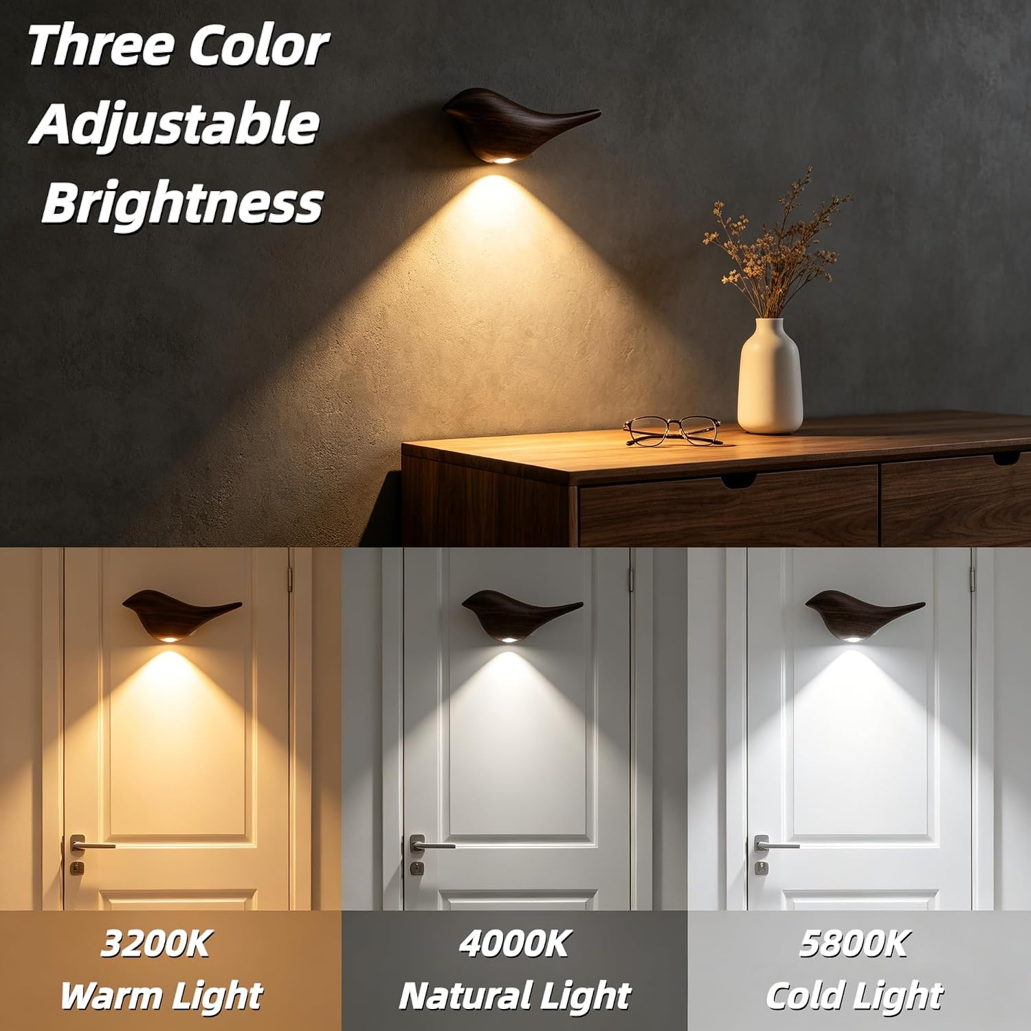 Cute Bird Night Light: Motion Sensor Lights Indoor - Magnetic Mounting & 3 Color Dimmable - One Charge Three Weeks of Worry-Free Use - 2-Pack Set (Deep Wood Grain)