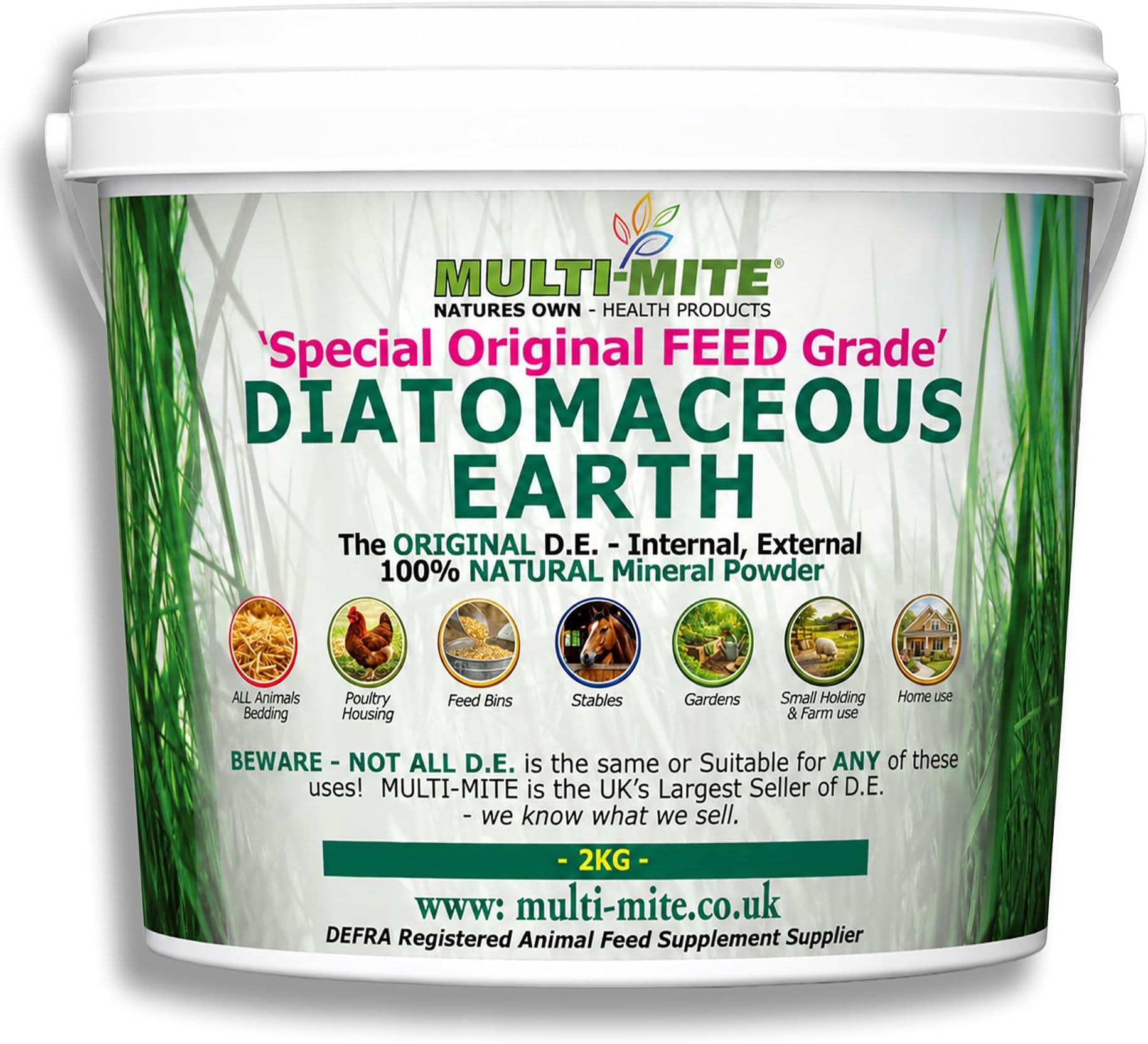 Multi-Mite 2kg Bucket Feed Grade Diatomaceous Earth - Red Mite, Fleas & All Animal Lice Control Powder - 100% Natural Insect Killer Pest Mite Treatment