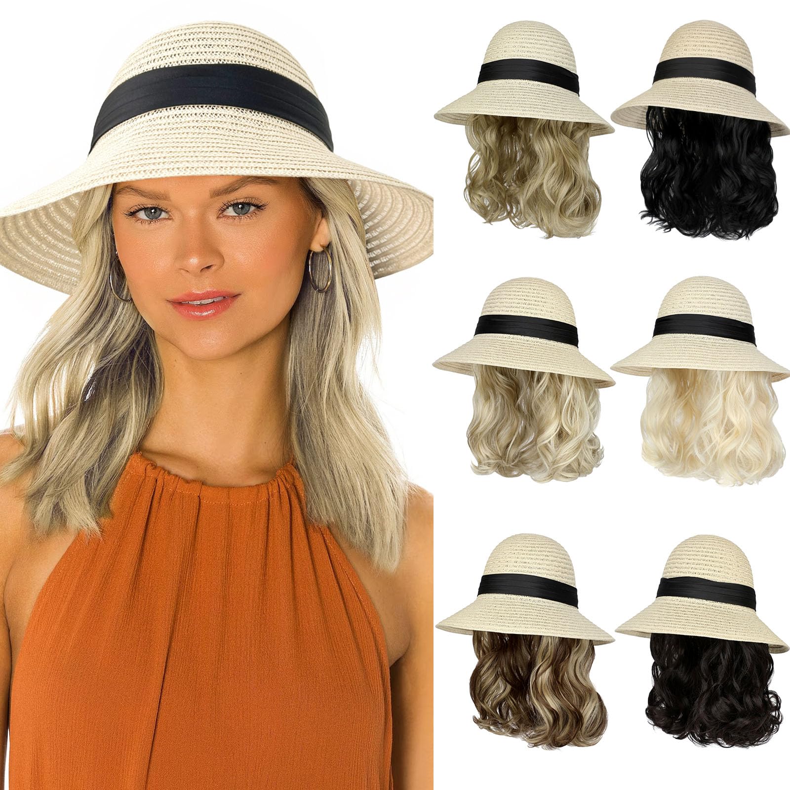 Photo 1 of ***hat ripped apart***Lansigreen Sun Hat with Hair Extensions Hat Wig UPF 50+ Foldable Wide Brim Straw Beach Hat Attached 9" Wavy Hairpiece Synthetic for Women Summer Bleach Blonde