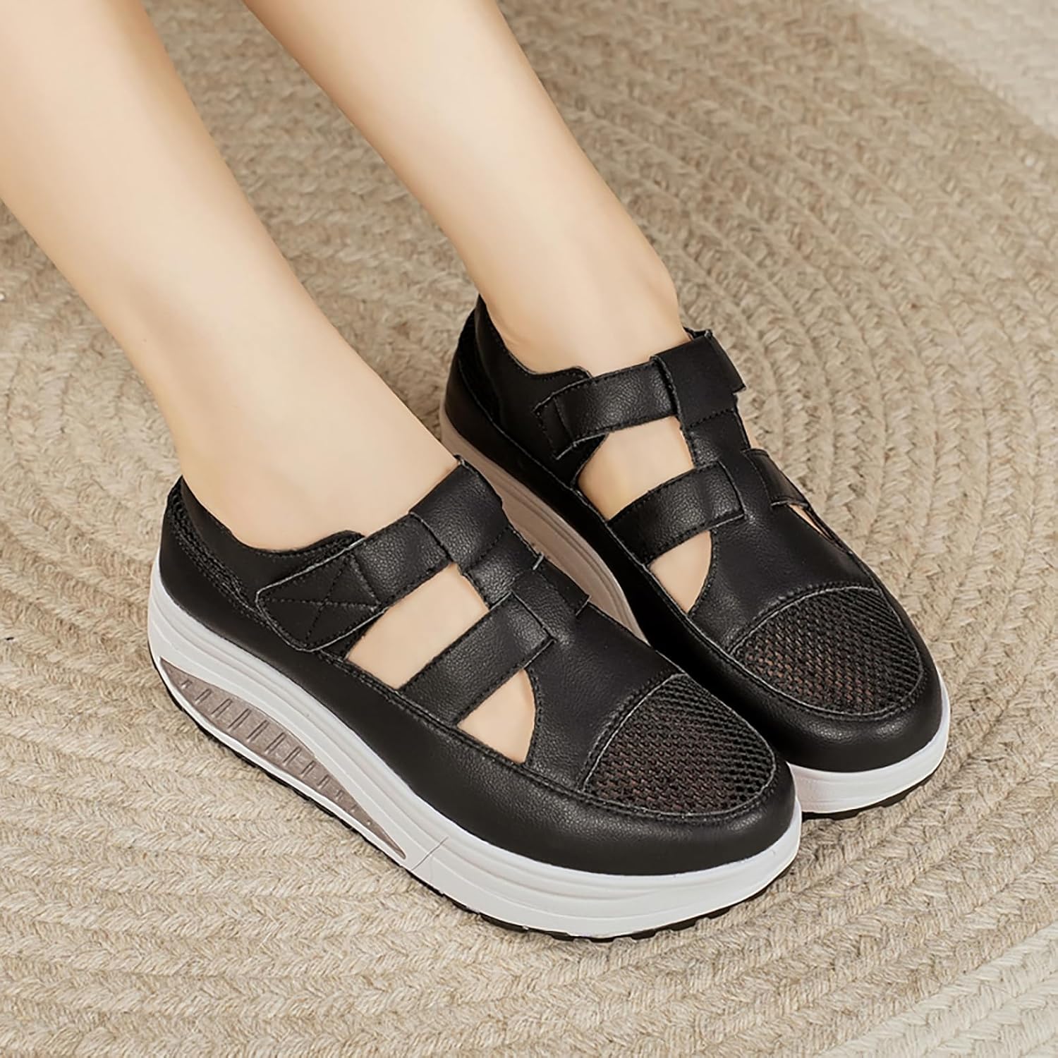 Women's Mesh Hollow Out Wedge Loafers with Adjustable Hook Loop Comfort Arch Support Round Toe Breathable Lightweight Chunky Platform Roman Walking Sandals for Outdoor Work Office - Image 2