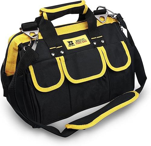 Bolsas de herramientas de 13 pulgadas con parte inferior suave impermeable, múltiples bolsillos de boca ancha para herramientas con correas