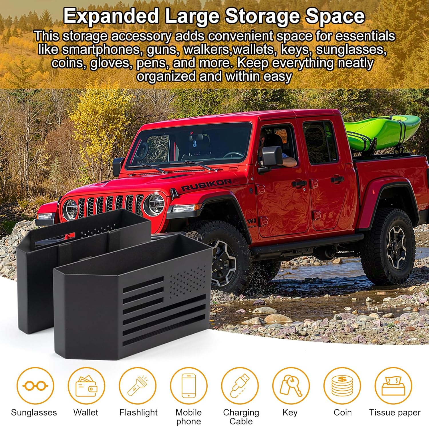 2PCS Metal Center Console Organizer for Jeep Wrangler JL JLU 4XE 2018-2026 & Gladiator JT 2020-2026 Storage Accessories Gear Shift Side Tray Storage Box for Rubicon Sahara Flag Design (Not for JK JKU)