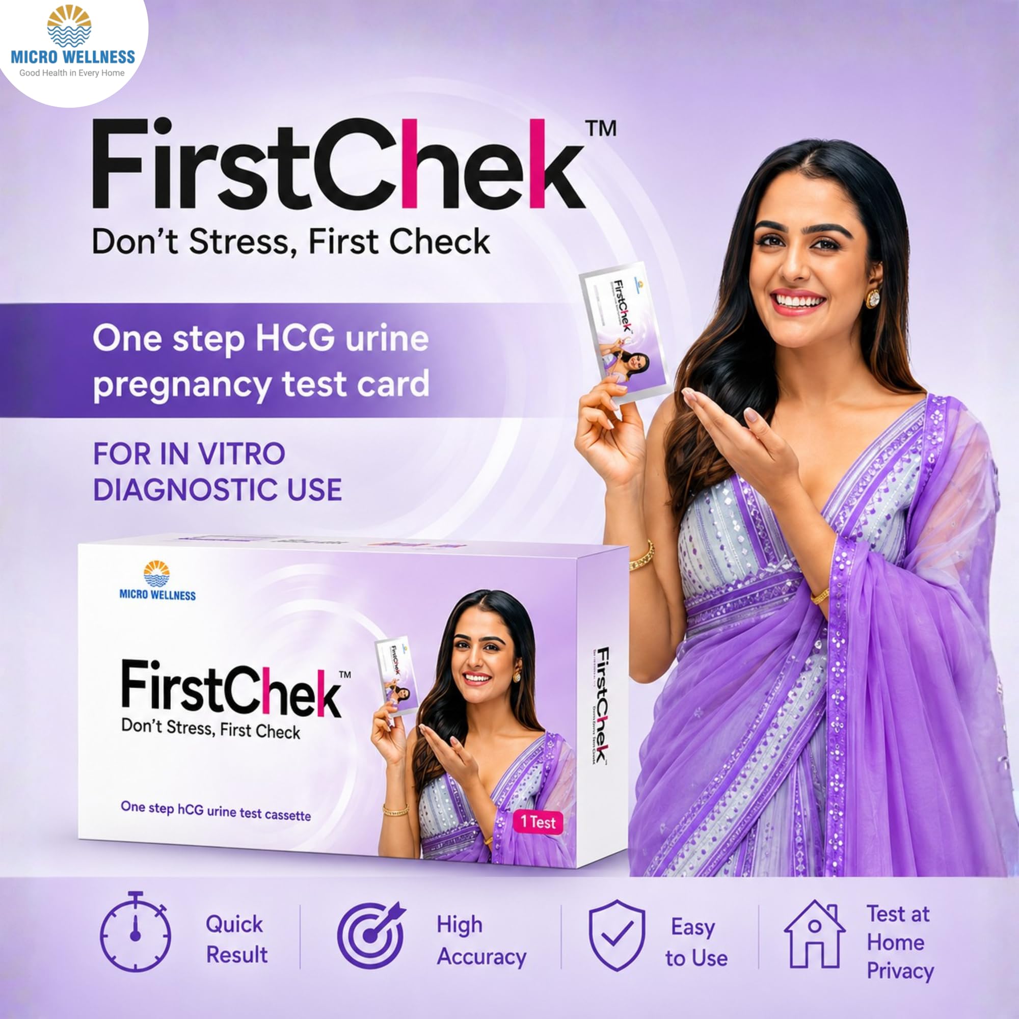 Micro Wellness First Chek Pregnancy test Kit for Women | Results in 5 Minutes | Home Urine Test Kit | HCG Hormone Detection | Disposable, Easy to Use & High Accuracy | Pregnancy Test Card Pack of 3 1
