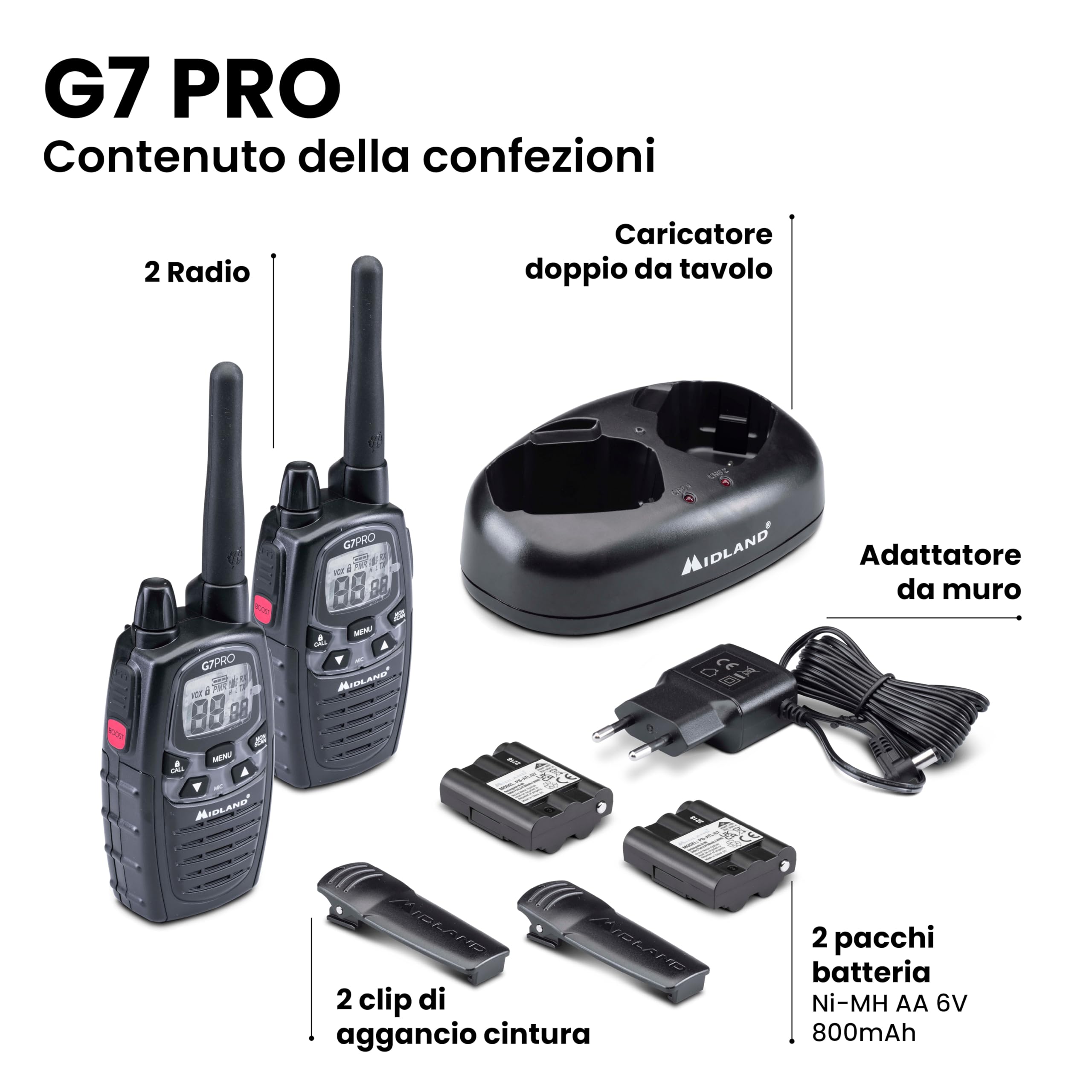Midland - Walkie Talkie G7 PRO, Coppia Ricetrasmittenti Professionali Softair e Outdoor, 85 Canali - 16 PMR446/69 LPD Senza Licenza, Copertura 10Km, Autonomia 18 Ore, Batterie Ricaricabili e Accessori