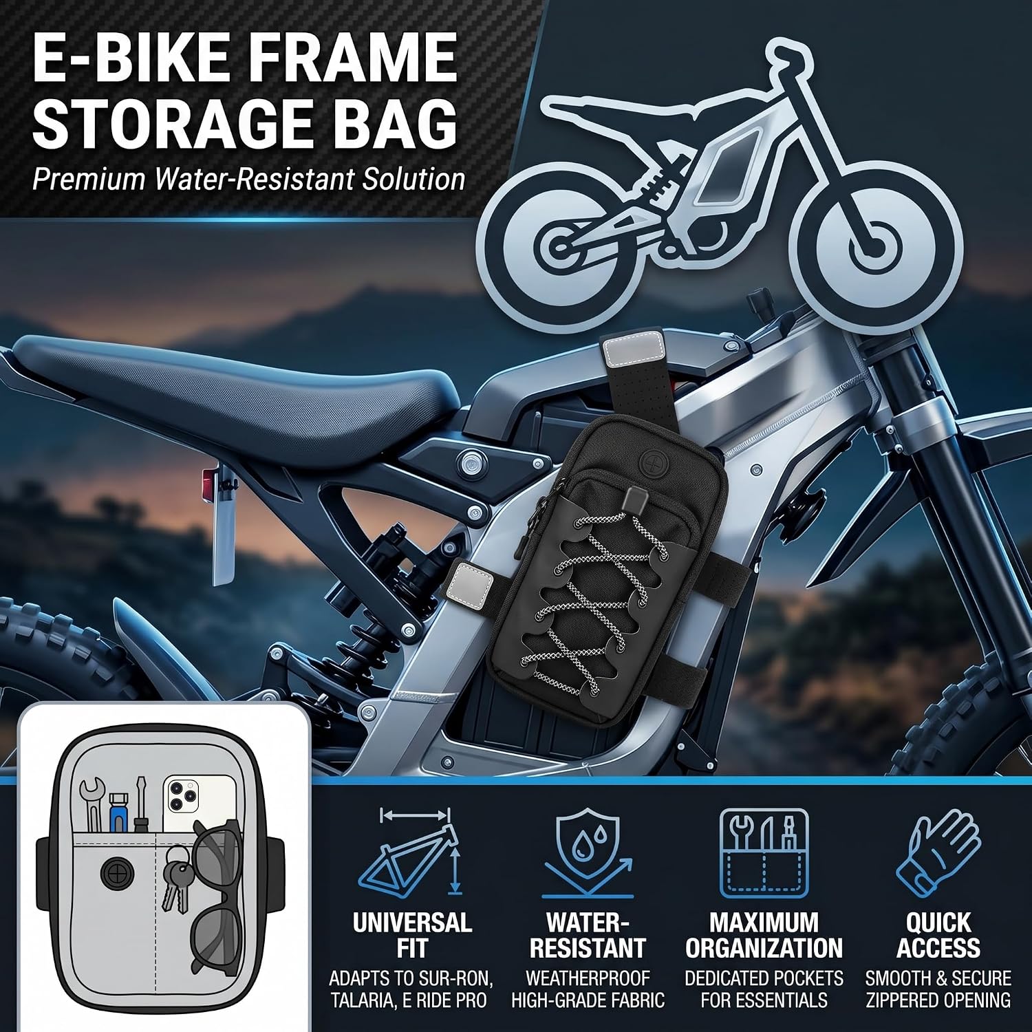 Phone Bag for Ebike, Electric Bike Bag Motorcycle Bike Phone Pouch Fits for Surron Light Bee/Talaria/X160/X260/E Ride Pro/Surron Ultra Bee/Rawrr Mantis/Tuttio Soleil 01