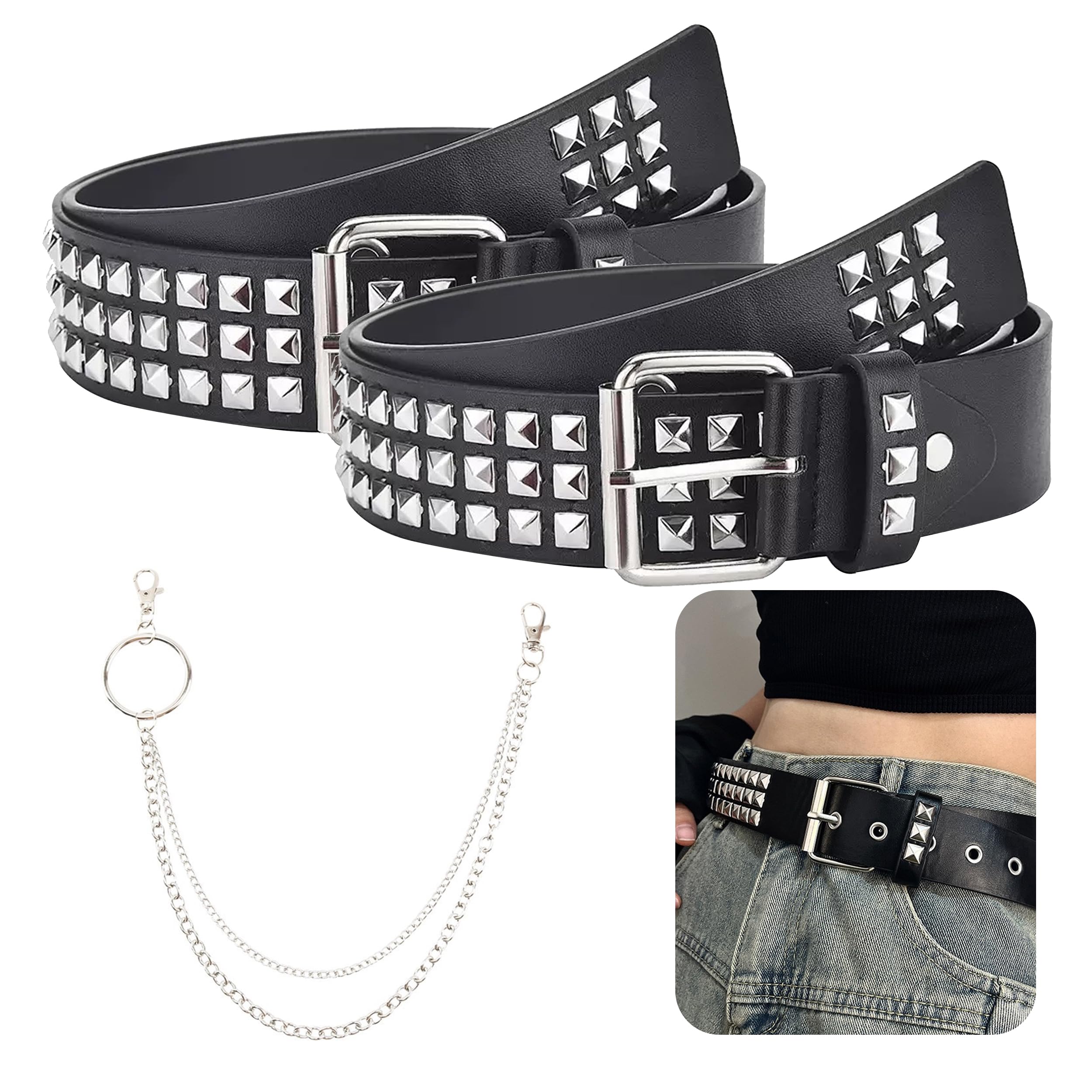Lbxtswpl Studded Punk & Gothic Rivet Belt, 2PCS PU Leather