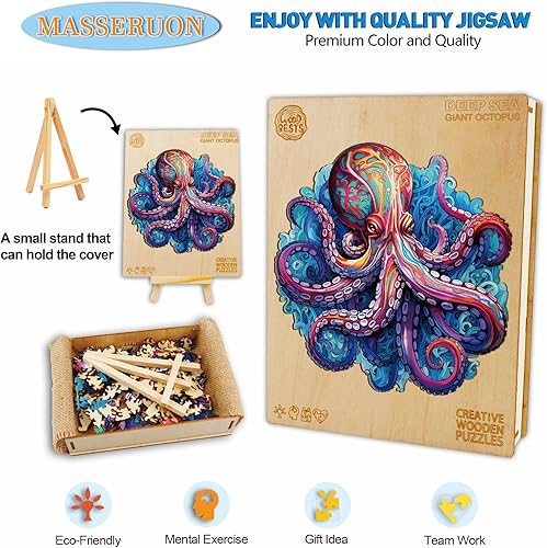 Miniatura 3 de Rompecabezas de madera para adultos, pulpo gigante de mar profundo, rompecabezas de forma única (L, 300 piezas, 13.4 x 13.1 pulgadas), rompecabezas