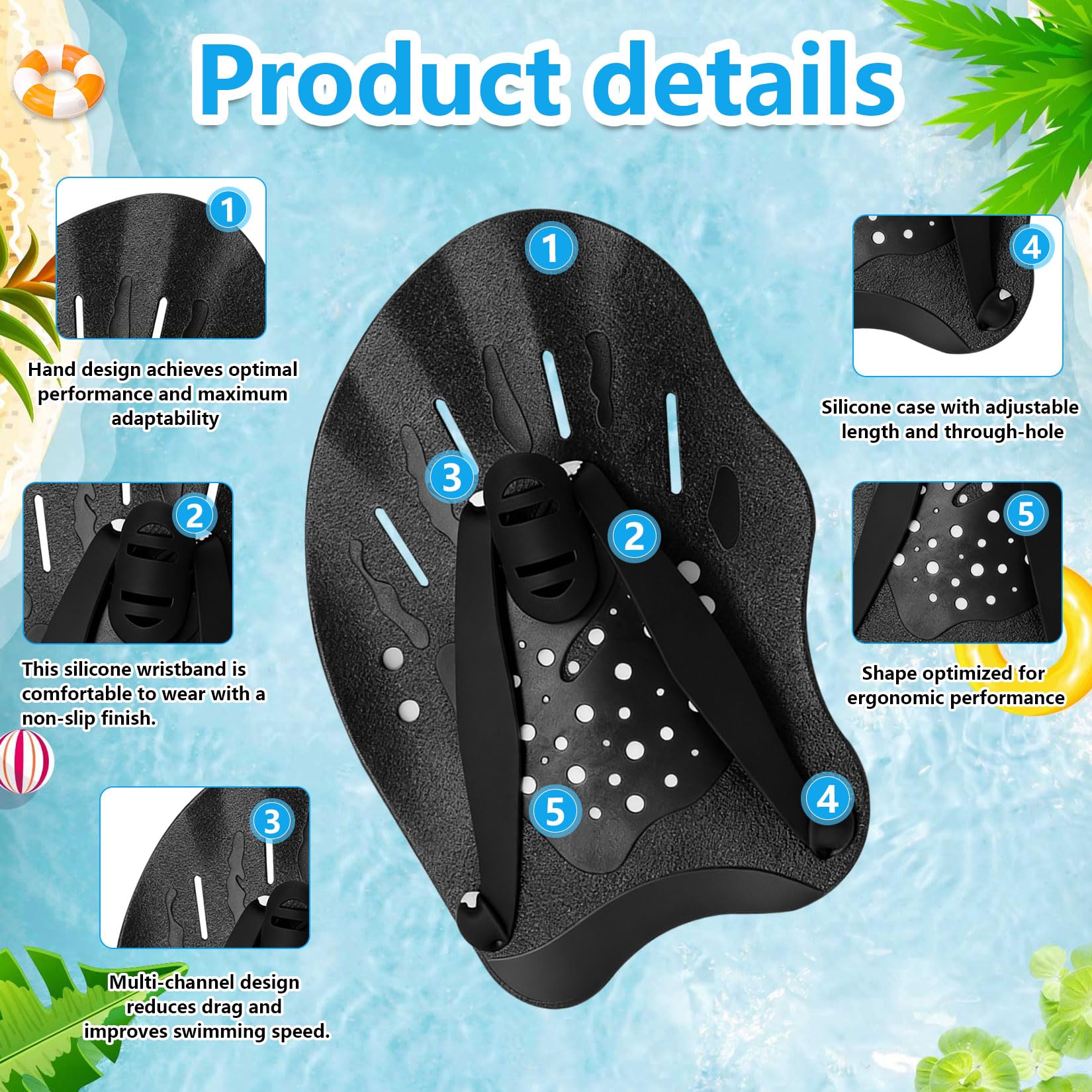 Plaquettes De Natation En Silicone – 20 X 13,3 Cm – Dragonne Réglable – Polypropylène Et Polycarbonate – Améliore La Technique Et La Force