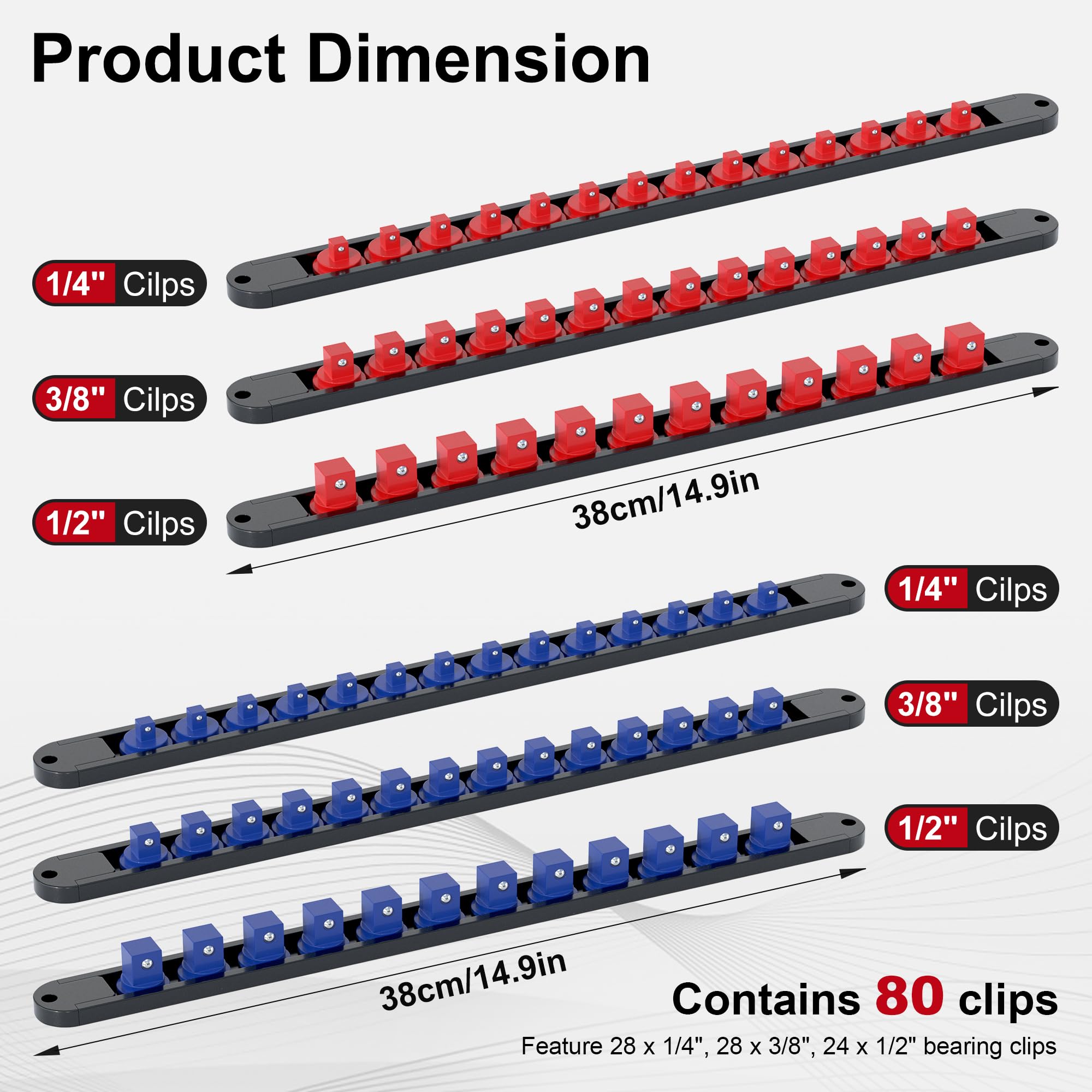 FIVEPEARS 6PCS 360° Socket Organizer Twist Lock,3/8 1/4 1/2 Socket Storage Rails, Premium Quality Socket Holders for Tool Box ?Tool Carts?Contains up to 80 Clips (Blue & Red)