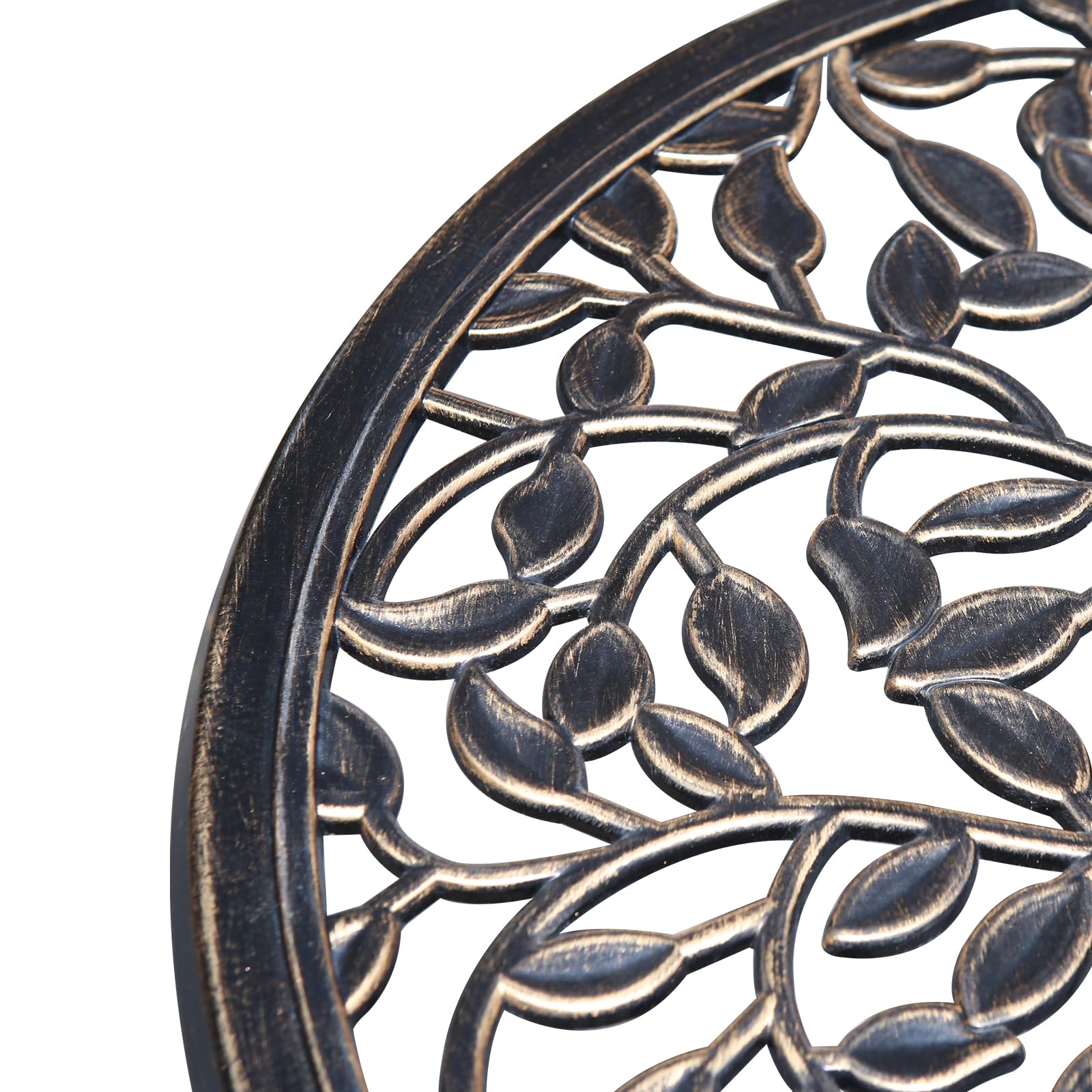 Antike gegossene Aluminium Taverne Set, 3-teiliges Set, Gartenmöbel Set mit Zwei Stühlen und rundem Tisch, dekoratives Design, Bronze Aussehen (Blatt)