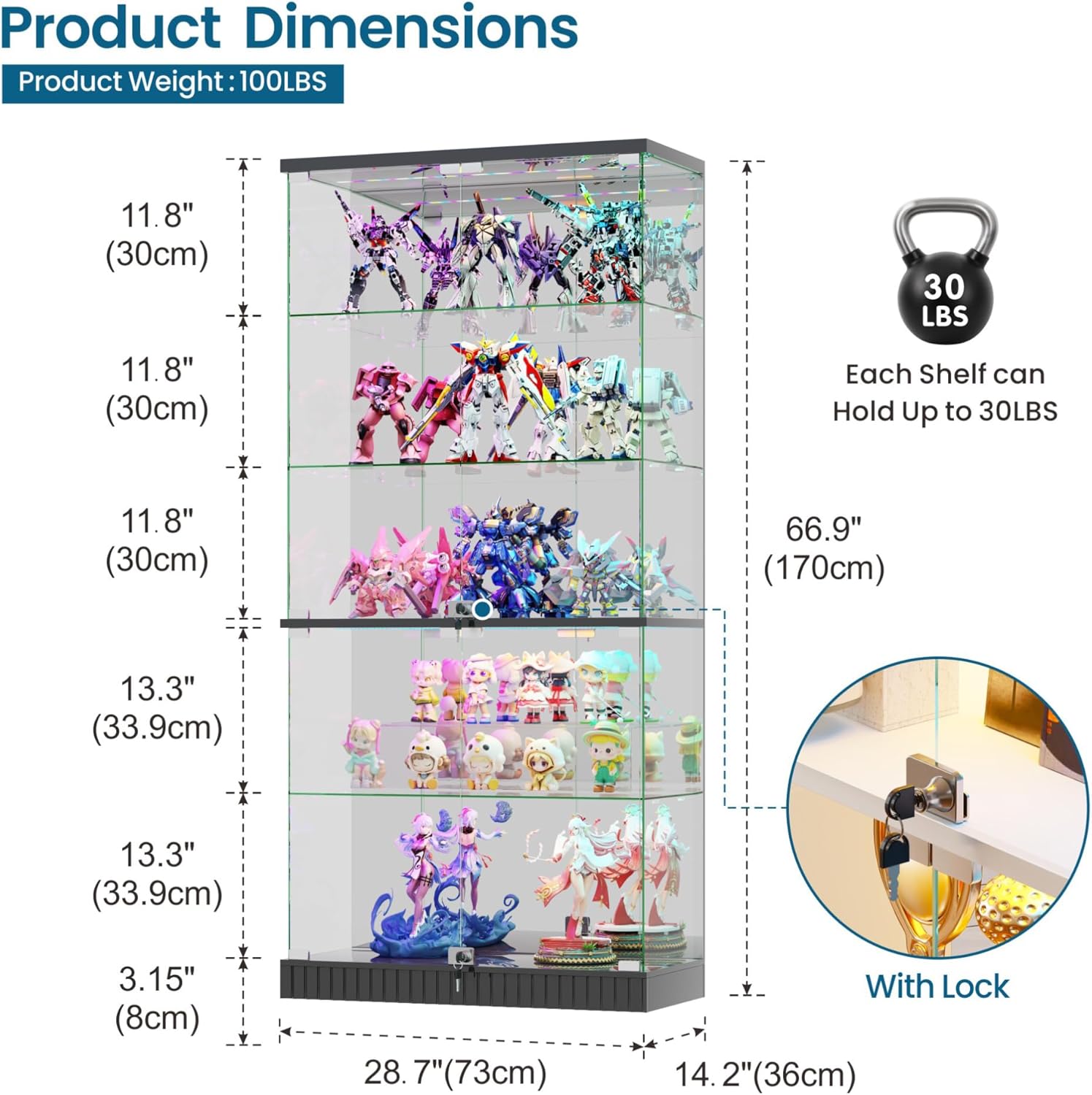 Glass Display Cabinet with RGB Lights for Collectibles, Lockable 5-Tier Curio Cabinet with Glass Doors, LED Clear Display Case with Human Body Sensor for Action Figures/Models/Trophy, Black