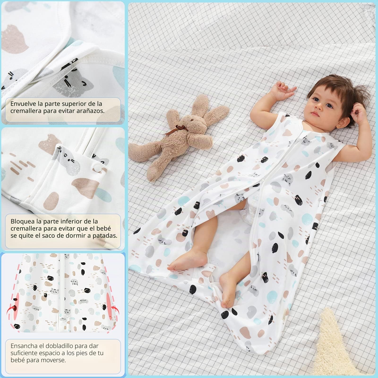 Mosebears Saco de Dormir de Verano Para Bebés 0,5 Tog Saco de Dormir Transpirable para bebés 100% Algodón Spot Cat, S (0-6 meses)