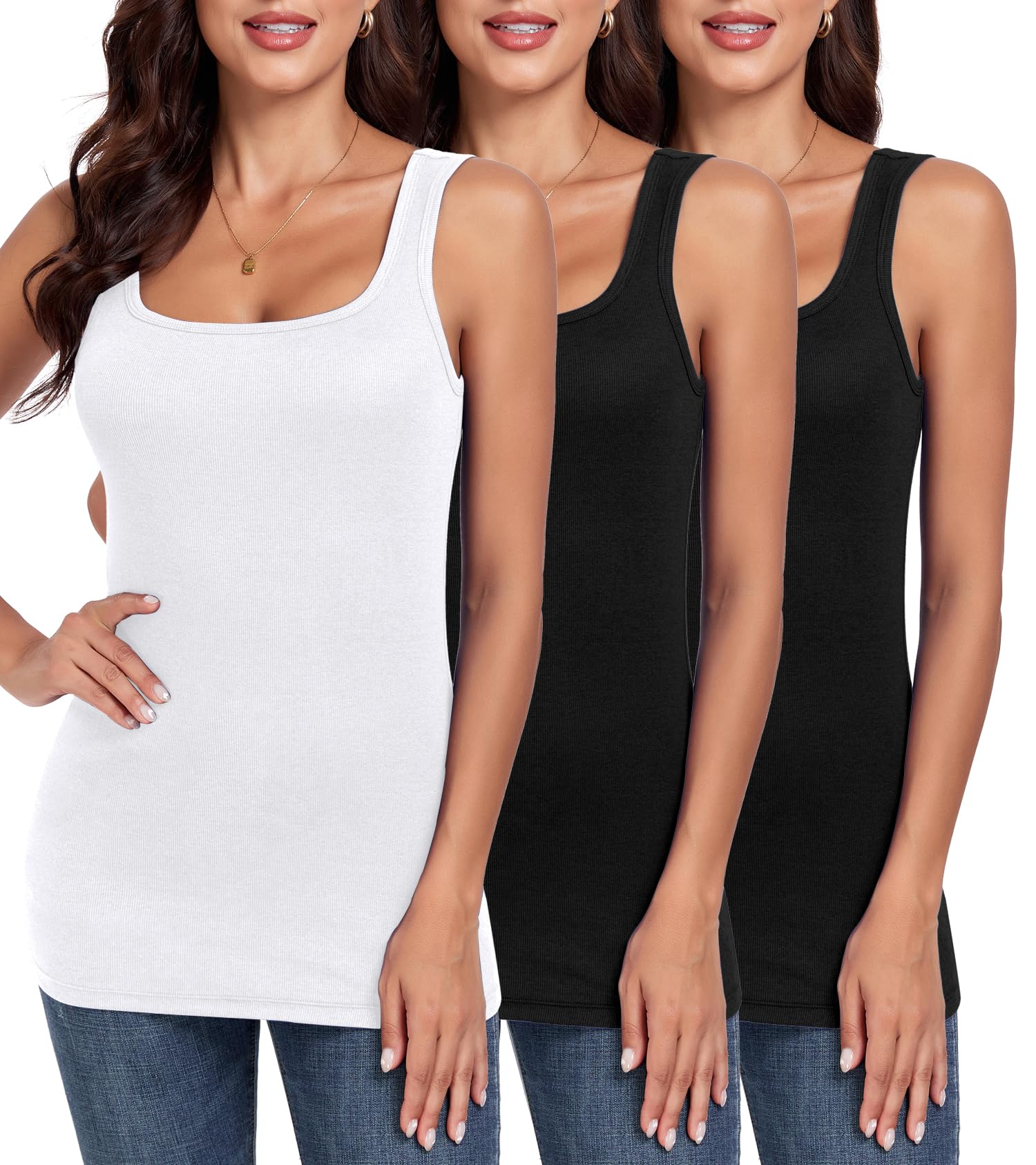 H HIAMIGOS 3 Packs Ribbed Square Neck Long Tank Tops for Women Sleeveless Long Tops for Layering Undershirts