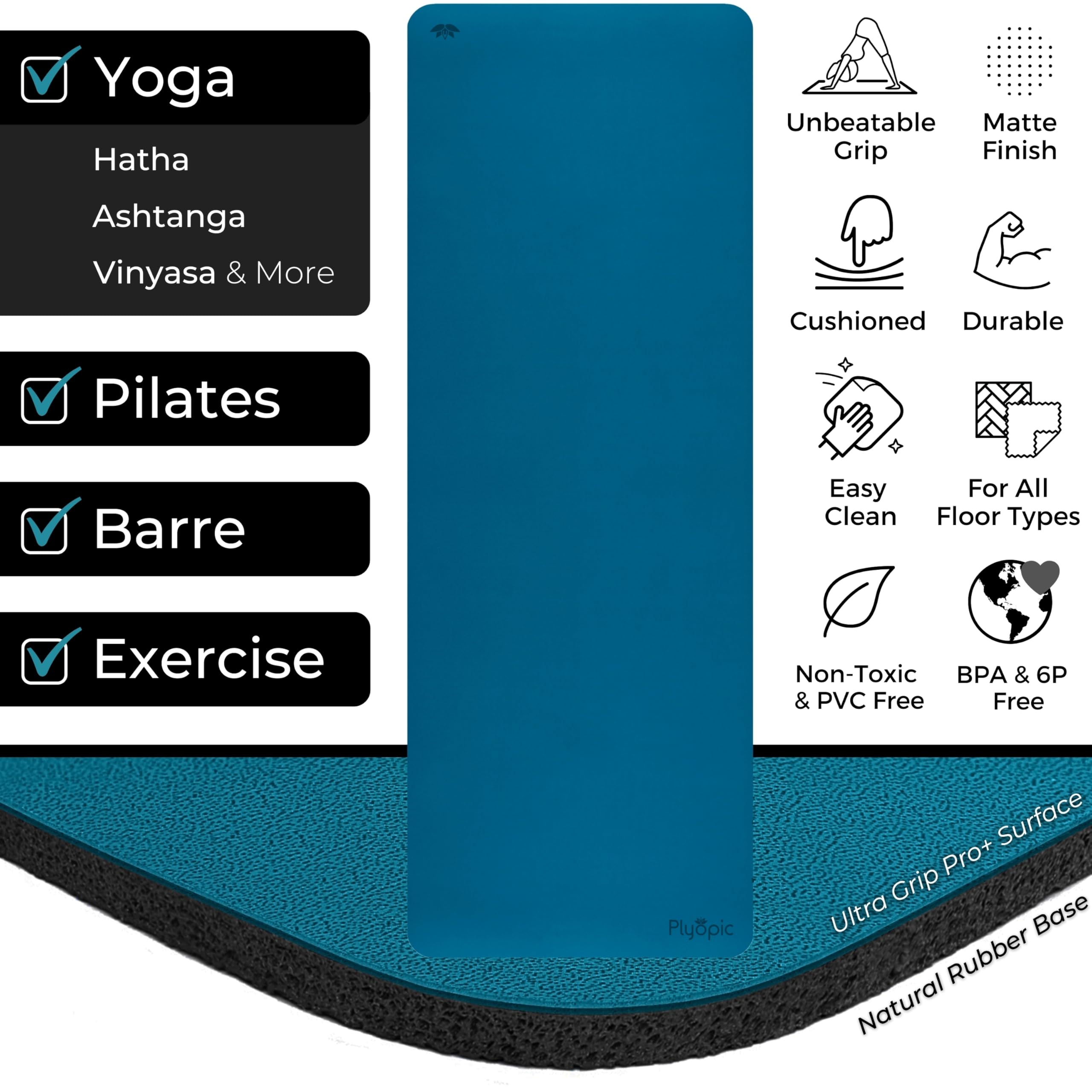 Plyopic Ultra-Grip Pro+ Yoga-Matte – Unschlagbare Rutschfest Leistung. Komfortabel und Schweißresistent. Ausrichtungslinie. Für Yoga, Joga, Pilates, Bikram und Hot yoga