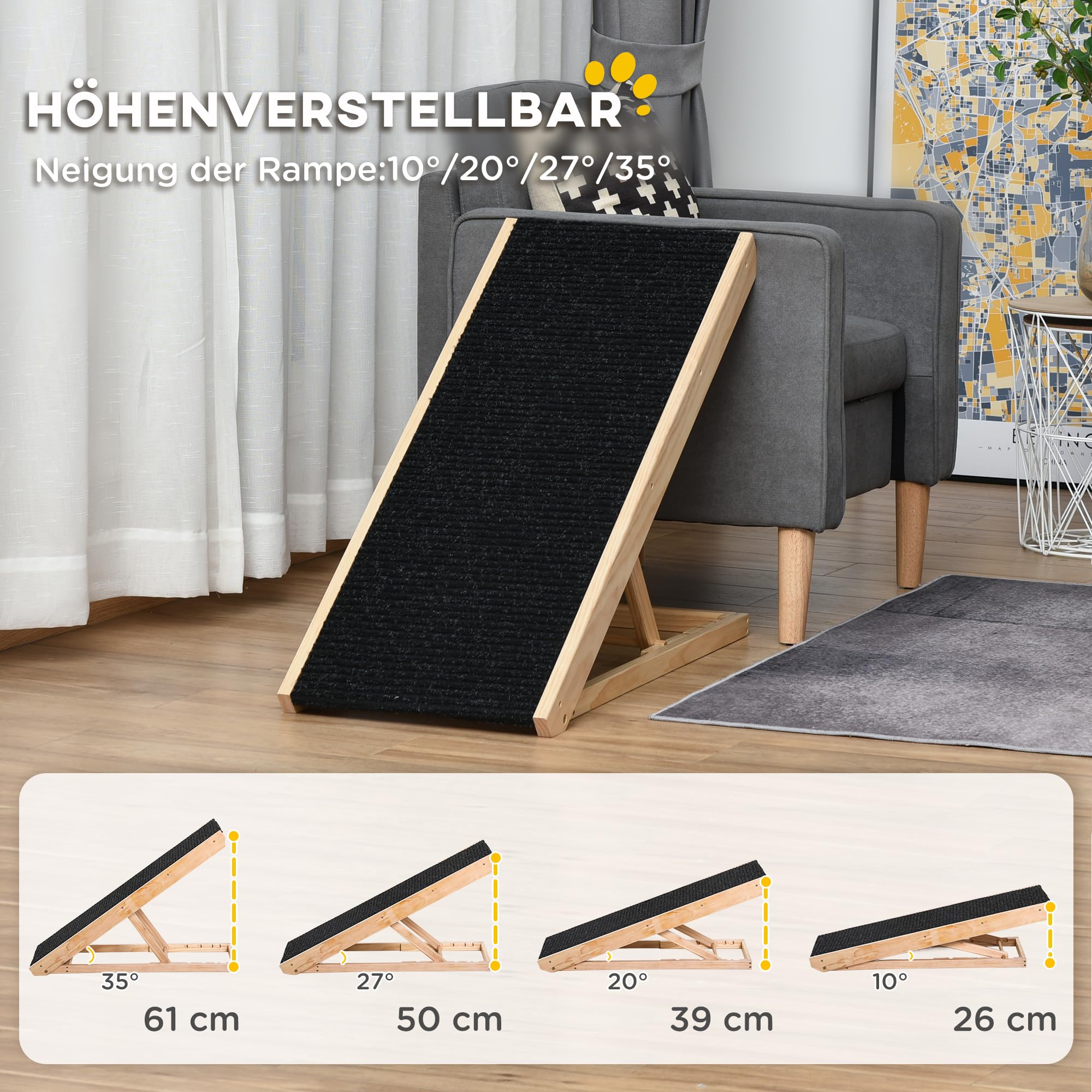 Pawhut Rampe pour animaux de compagnie avec tapis antidérapant - Échelle réglable pour grands chiens - Bois de pin - 90 x 40 x 61 cm