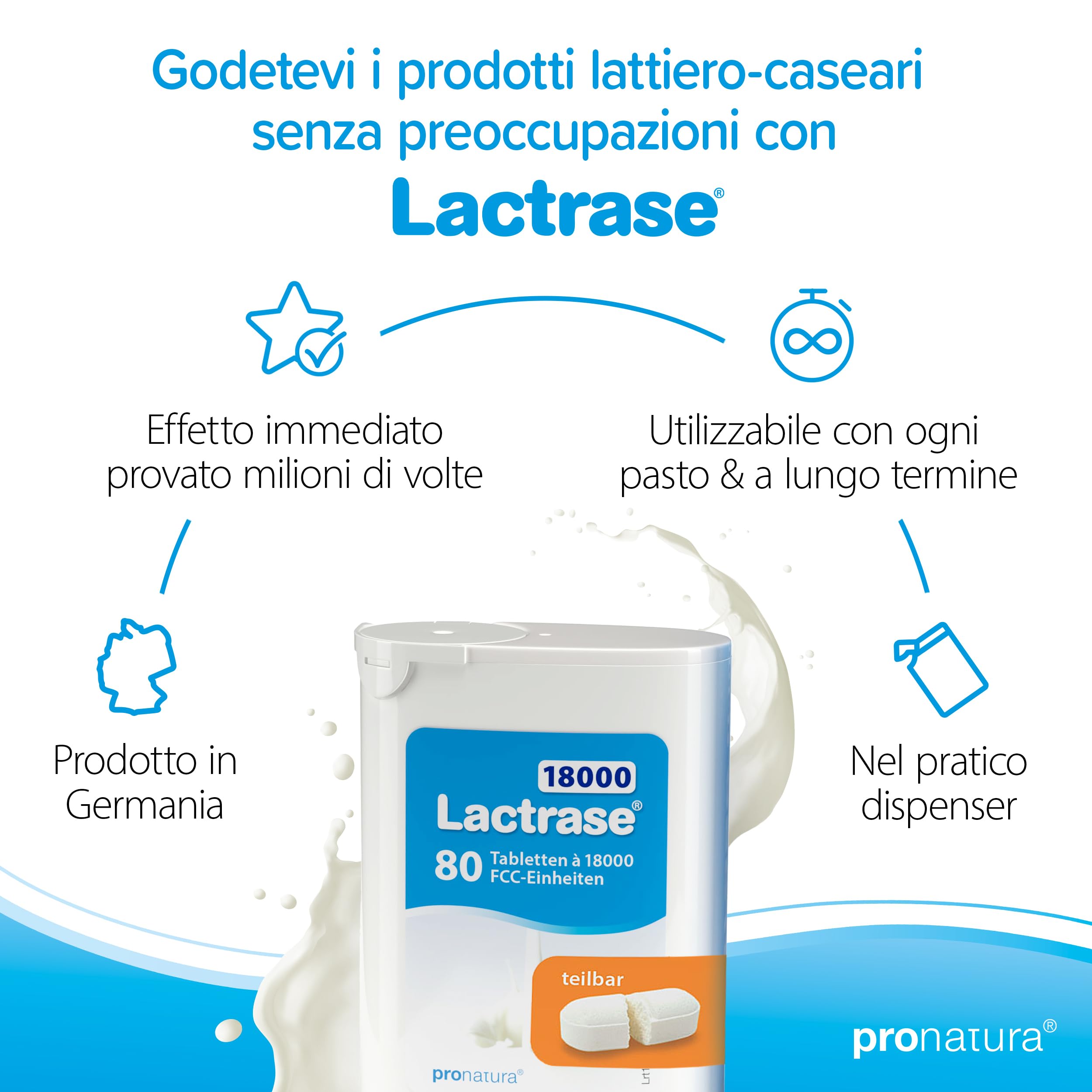 Pro Natura® Lactrase 18000 FCC, 80 compresse di lattasi per l'intolleranza al lattosio, per gustare senza problemi latte e latticini