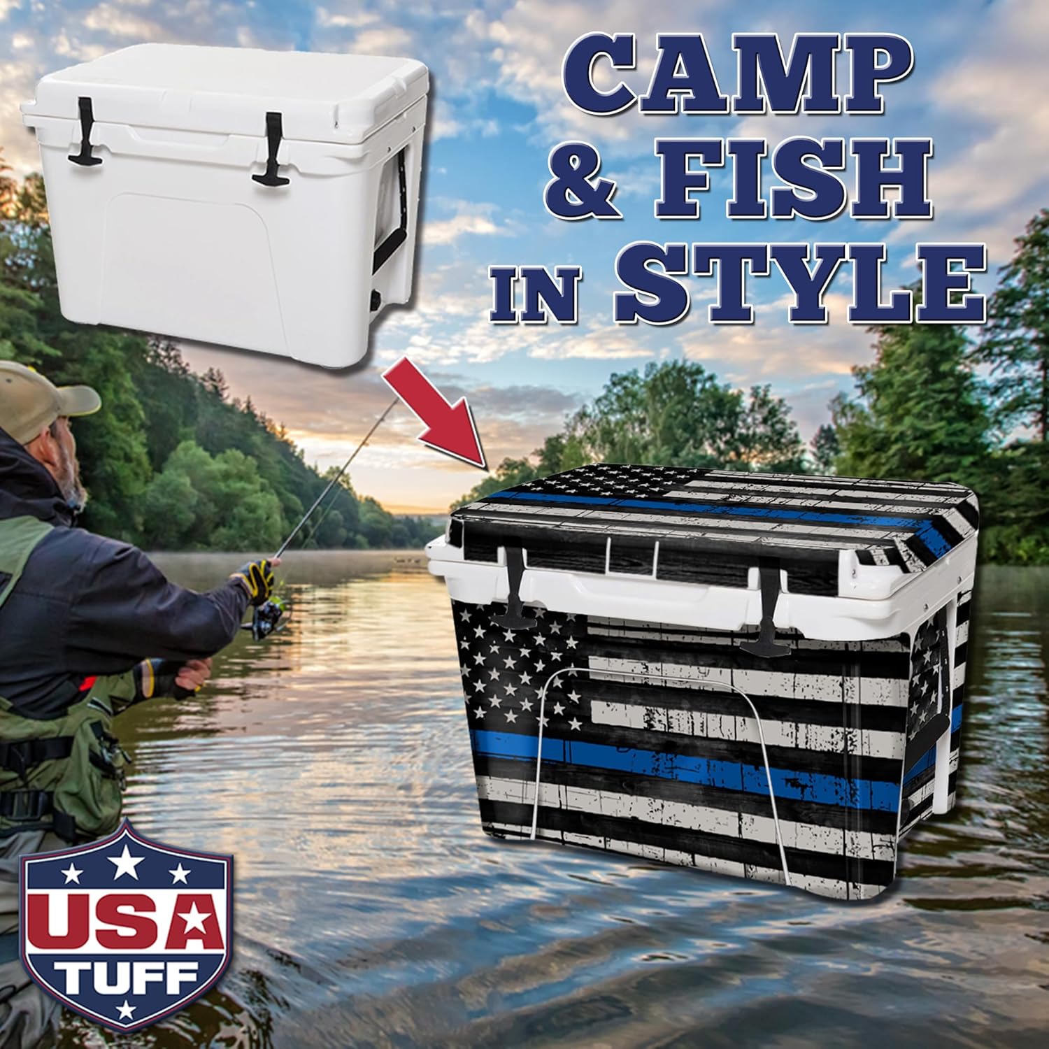 USATuff Vinyl Cooler Full Kit Compatible with YETI | Easy Peel & Stick Application Cooler Skin Decal Wrap | Durable Pre-Cut Pieces | Made for Outdoor Use - Thin Blueline Flag