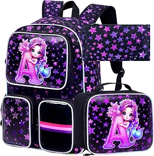 3PCS Kids Backpack, 17‑inch Mermaid Backpack for Girls with Lunch Box, Aesthetics School Bookbag for Elementary Preschool Kindergarten - Mermaid With A