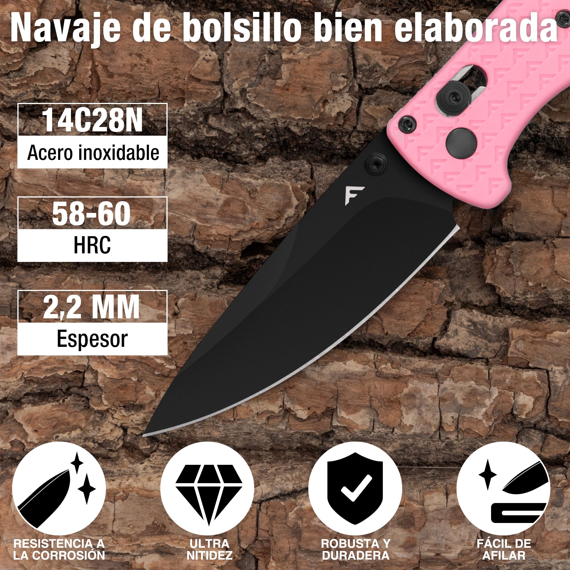FLISSA Navaja Plegable EDC de 190mm, Navaja de Bolsillo de Acero 14C28N con Recubrimiento de Titanio Negro, Cuchillo Plegable Ligero y Compacto para Camping, Senderismo, Aventura y Viaje, Rosa