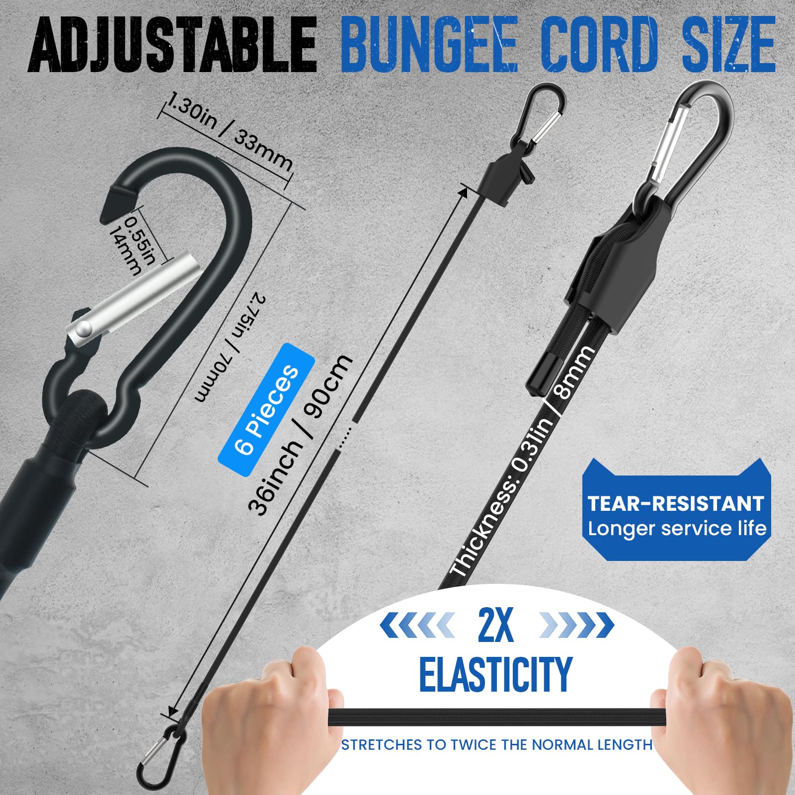6 corde elastiche regolabili da 91,4 cm con ganci, facili da regolare da 17,8 cm a 91,4 cm, resistenti, per esterni, per bagagli, biciclette, carrelli, camion (nero)