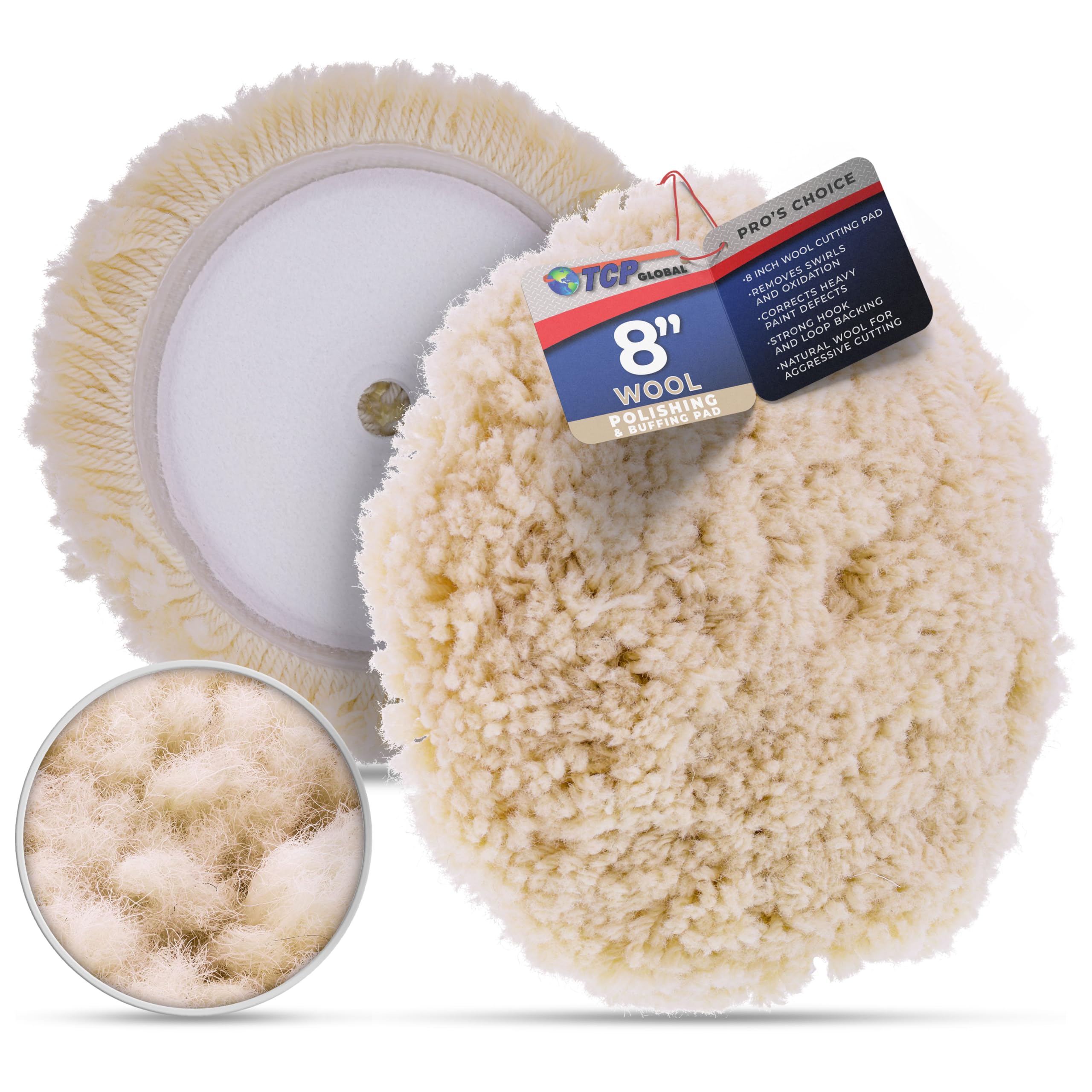 TCP Global 8" 100% Wool Polishing & Buffing Pad with Hook and Loop Backing - Wool Buffing Pad for Automotive, Marine, Truck, RV & Compound Cutting