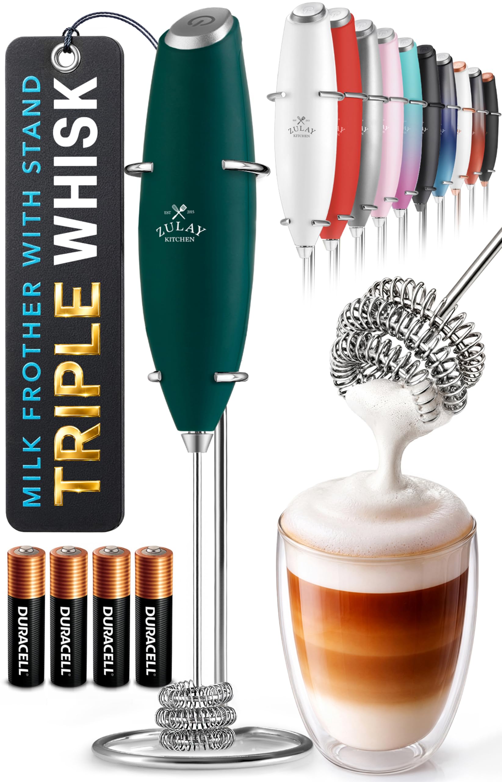 Zulay Kitchen Powerful Milk Frother Wand With Duracell Batteries - Ultra Fast Handheld Drink Mixer - Electric Whisk Foam Maker for Coffee, Lattes, Cappuccino &amp; Matcha - Triple Whisk - Moss Green