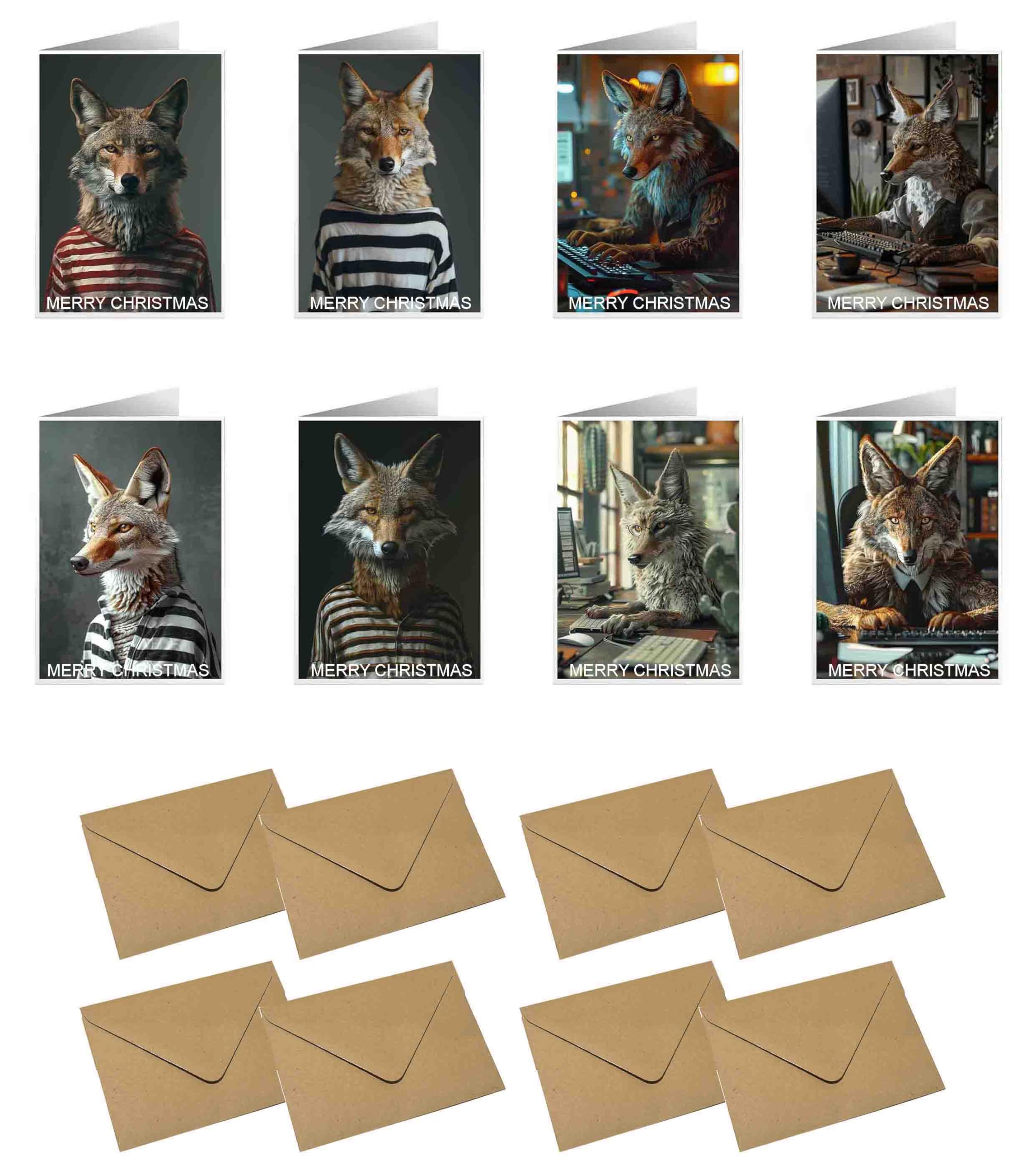 Frohe Weihnachtskarten, lustige, realistische Tierkunst, Set mit 8 Grußkarten und 8 Umschlägen, Größe 105 x 148,5 mm (Kojoten-Tierprogrammierer, Kojoten-Tiergefangene)