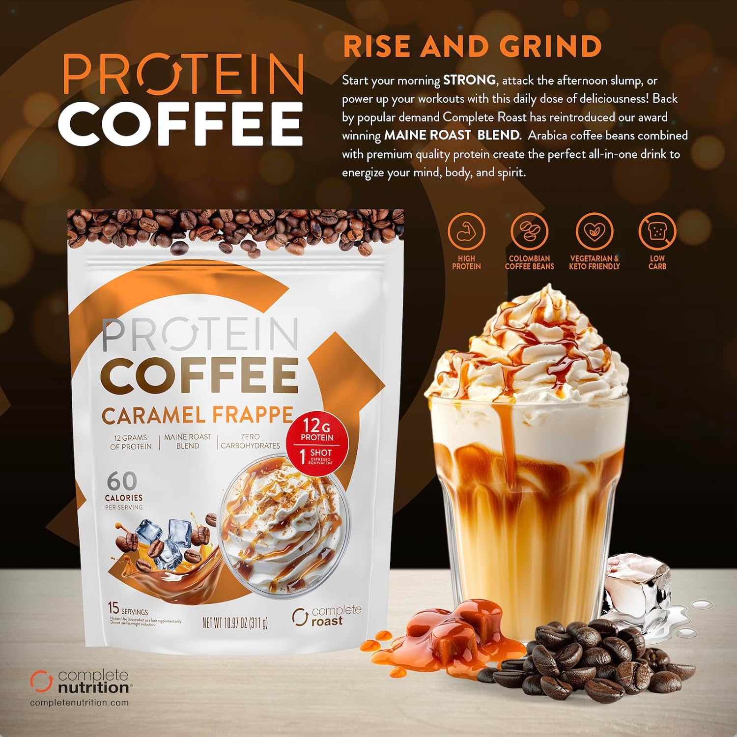 Complete Roast Caramel Frappe Protein Coffee, 0 Carbs, 60 Calories, Low Fat - Image 3