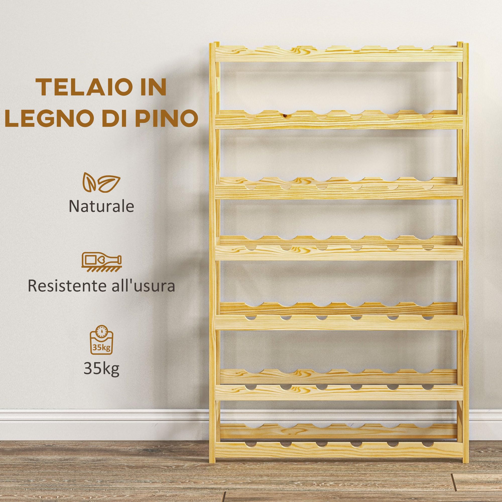 HOMCOM Portabottiglie da Terra 7 Livelli 63x25x102cm Legno Naturale | Per 42 Bottiglie, Scaffale per Vini Salvaspazio, in Legno di Pino