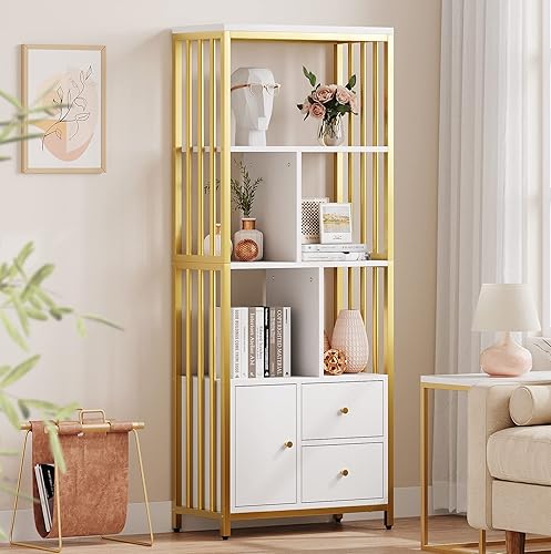 IDEALHOUSE Estantería dorada moderna con cajones, estante de almacenamiento, estantes altos de pie con marco de metal, estantes de exhibición