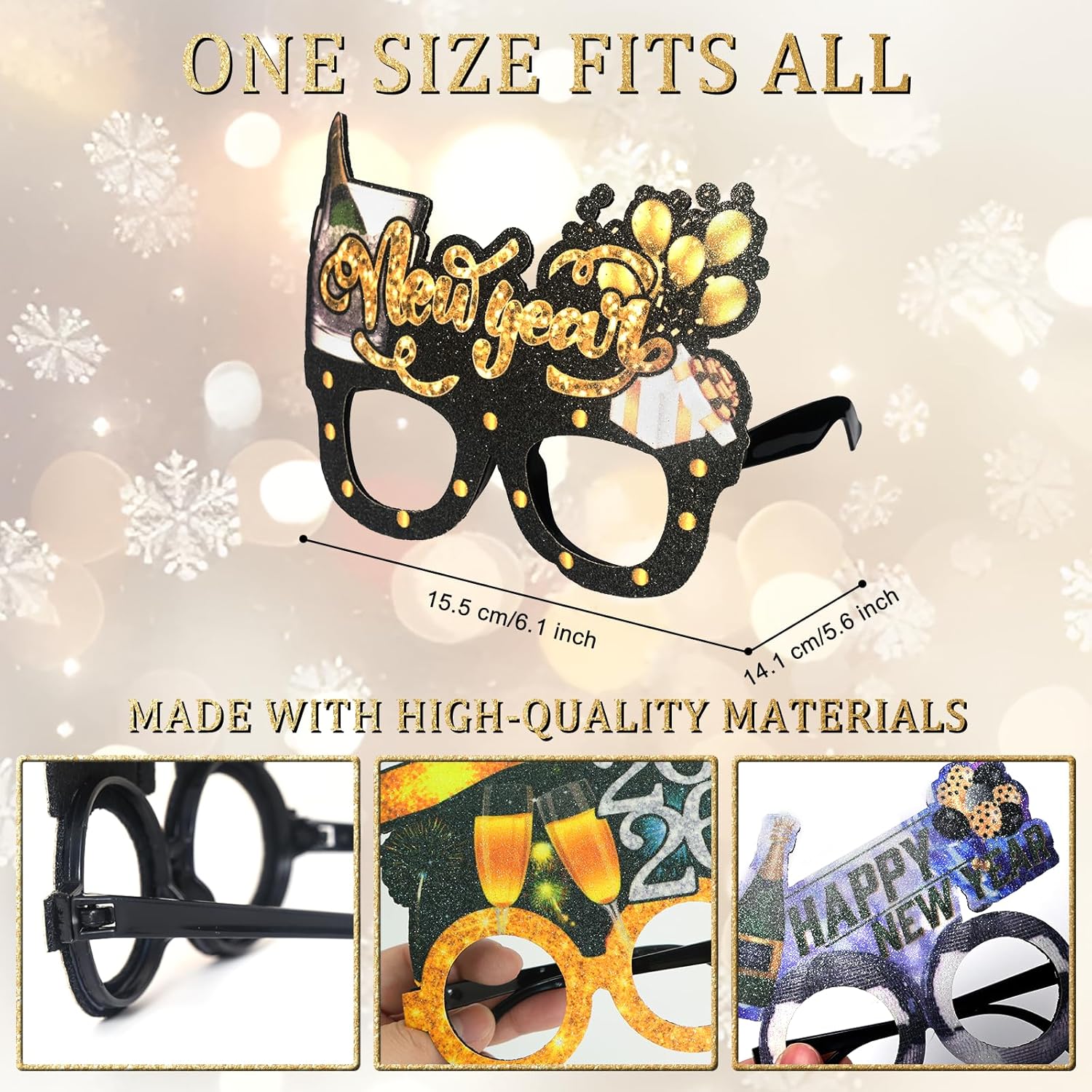 Mega-L 12 Pcs Happy New Year Eyeglasses, 2026 New Year Glasses, New Year Party Supplies Favors, Black Gold Silver Glitter New Year Photo Booth Props for Eve Party Celebration Decorations 2026 - Image 3
